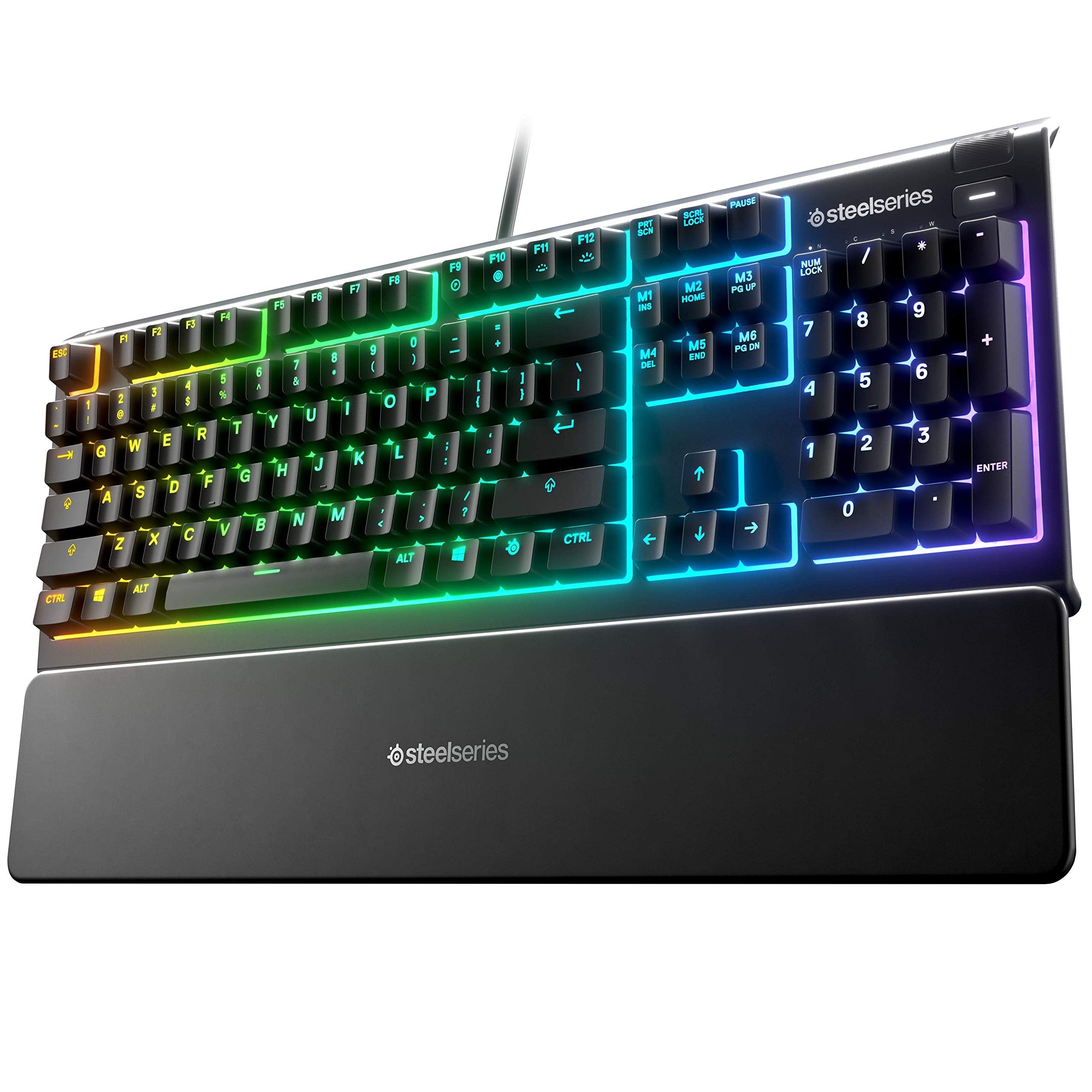 SteelSeries Apex 3 RGB Gaming Keyboard - 10-Zone RGB Illumination - IP32 Water Resistant - Premium Magnetic Wrist Rest (Whisper Quiet Gaming Switch) (Renewed)