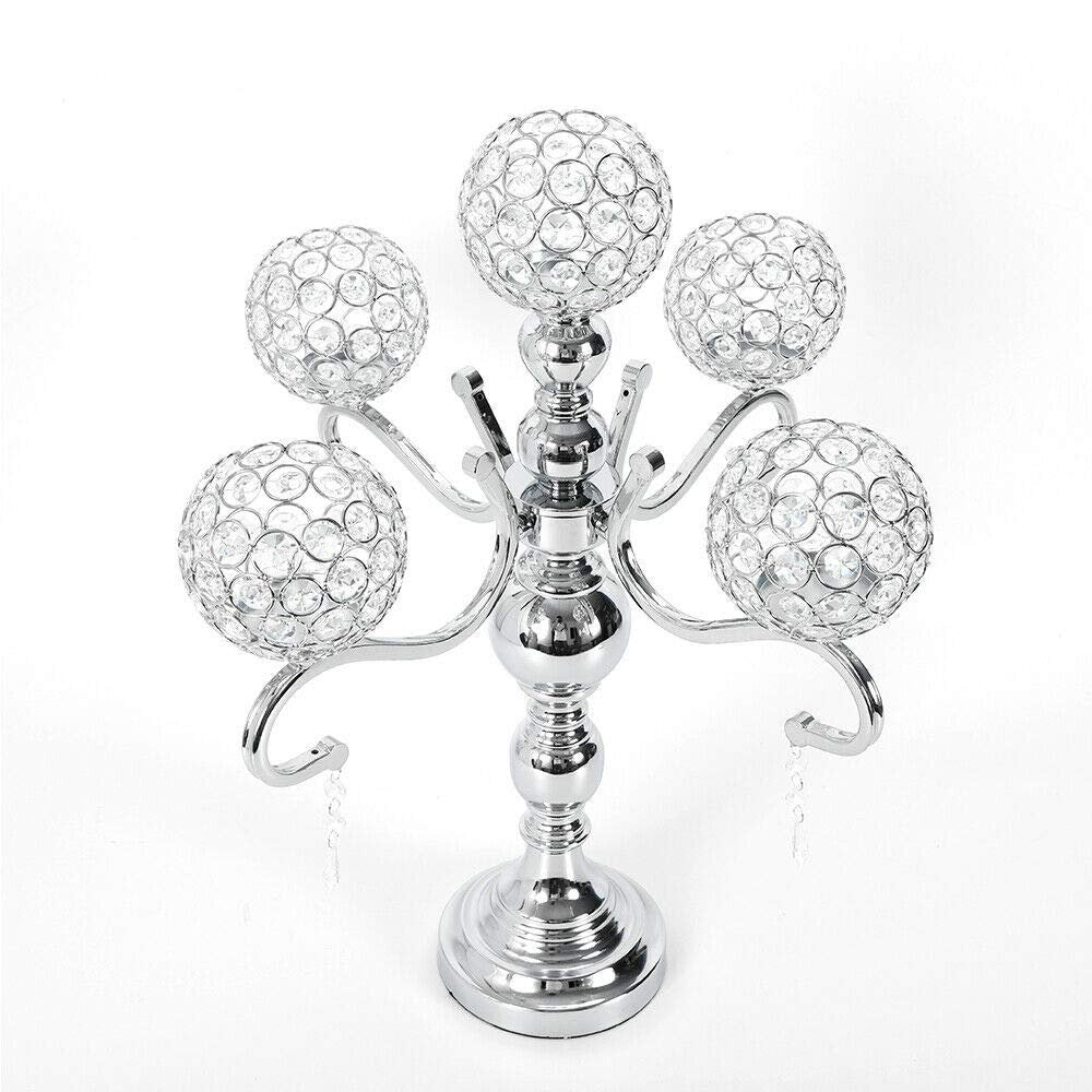 5 Arm Crystal Candelabra Candle Holder, 22inch Tall Silver Candle Holder Centerpiece Elegant Decorative Bowl Tealight Candlestick Holder for Wedding, Dining Room Table, Home Decor