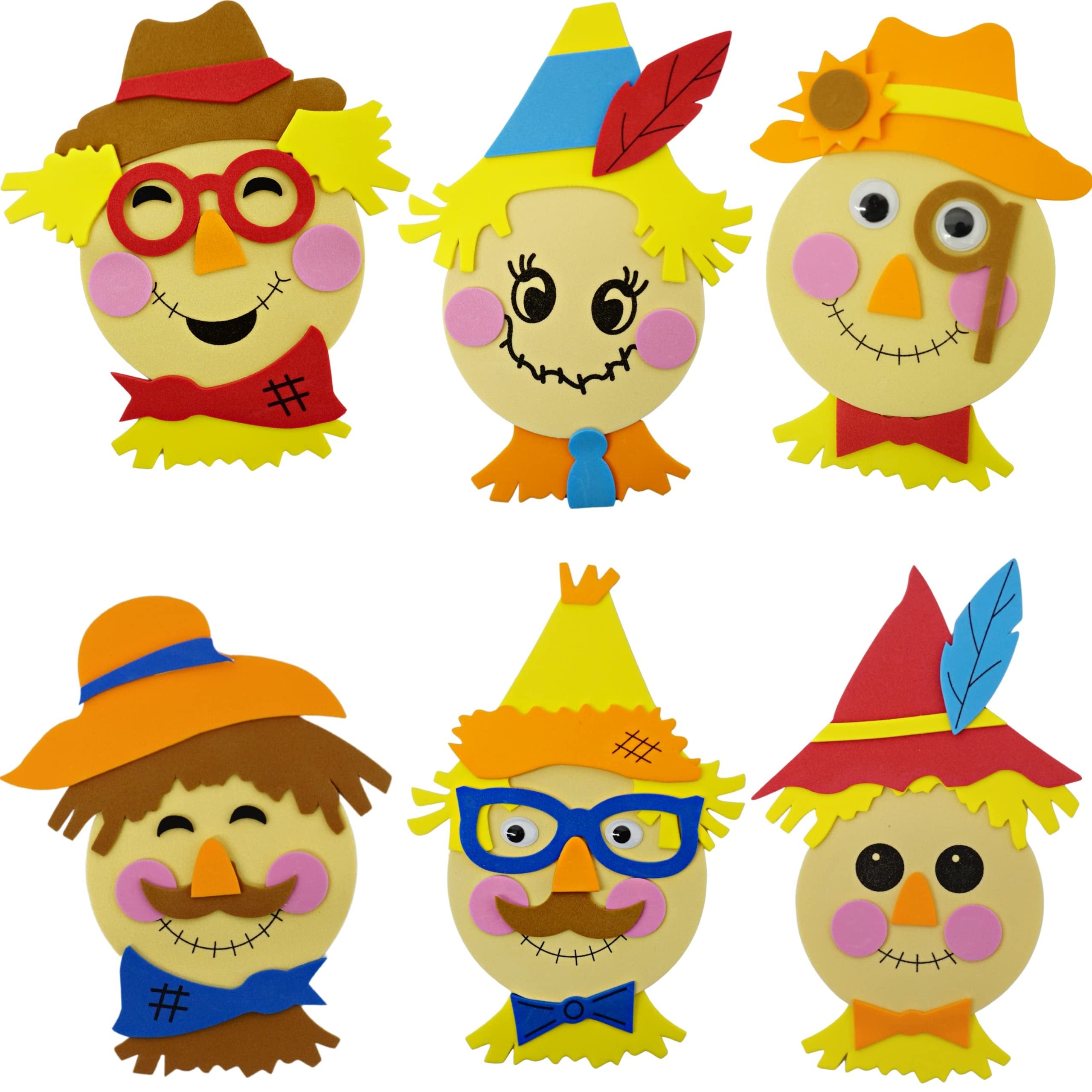 4E's Novelty Scarecrow Thanksgiving Crafts for Kids (12 Pack) Foam Self Adhesive, Crafts for Kids Bulk with Magnet, DIY Party Favors Activity for Ages 3-12