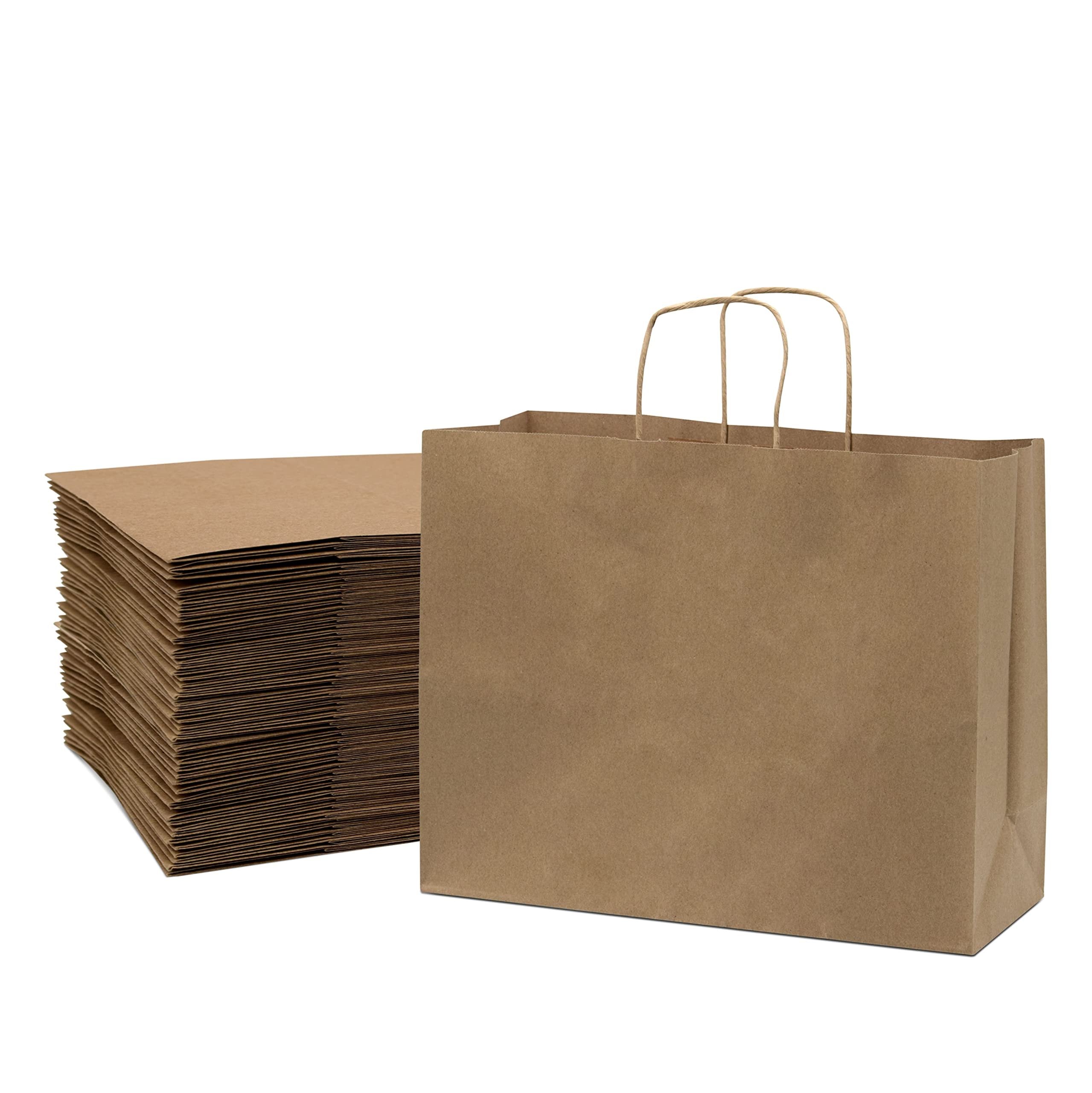 Brown Paper Bags - 16x6x12 Inch 100 Pack Paper Bags with Handles, Large Gift Bag, Shopping Bags for Small Business, Boutique Retail & Merchandise Use, Birthday Party Goodie & Favor Bags, in Bulk