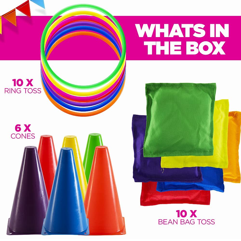 Prextex Multicolored 3-in-1 Yard Game Set - Ring Toss Game, Bean Bags, Cones - Outdoor Toys for Toddlers & Kids, Children's Indoor Play, Family Fun Carnival Games, Kids Party Cornhole Set, Lawn Games
