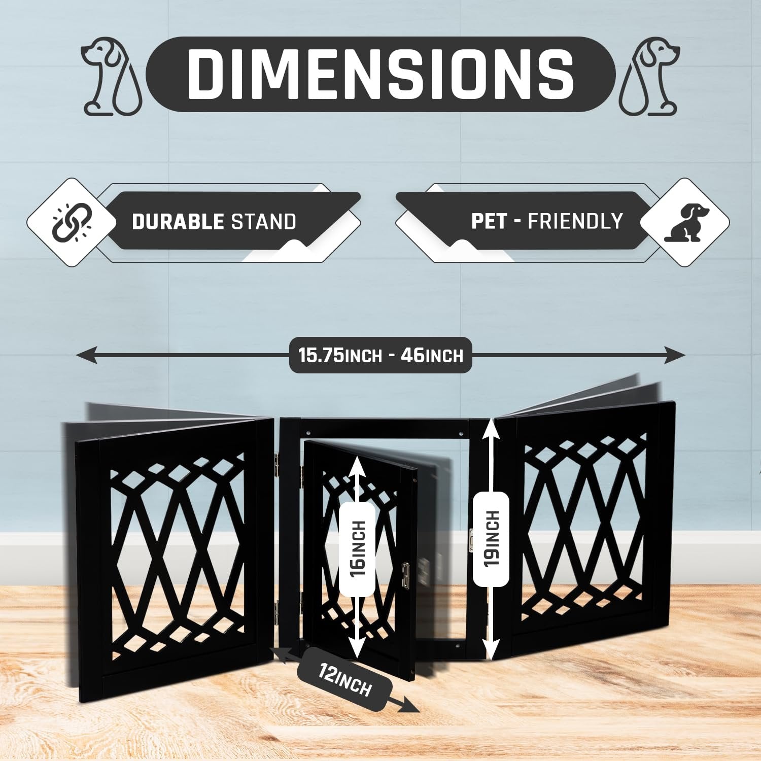 Bundaloo Freestanding Dog Gate with Door Expandable Decorative Wooden Fence for Small to Medium Pet Dogs, Barrier for Stairs, Doorways, & Hallways (Black Diamond)