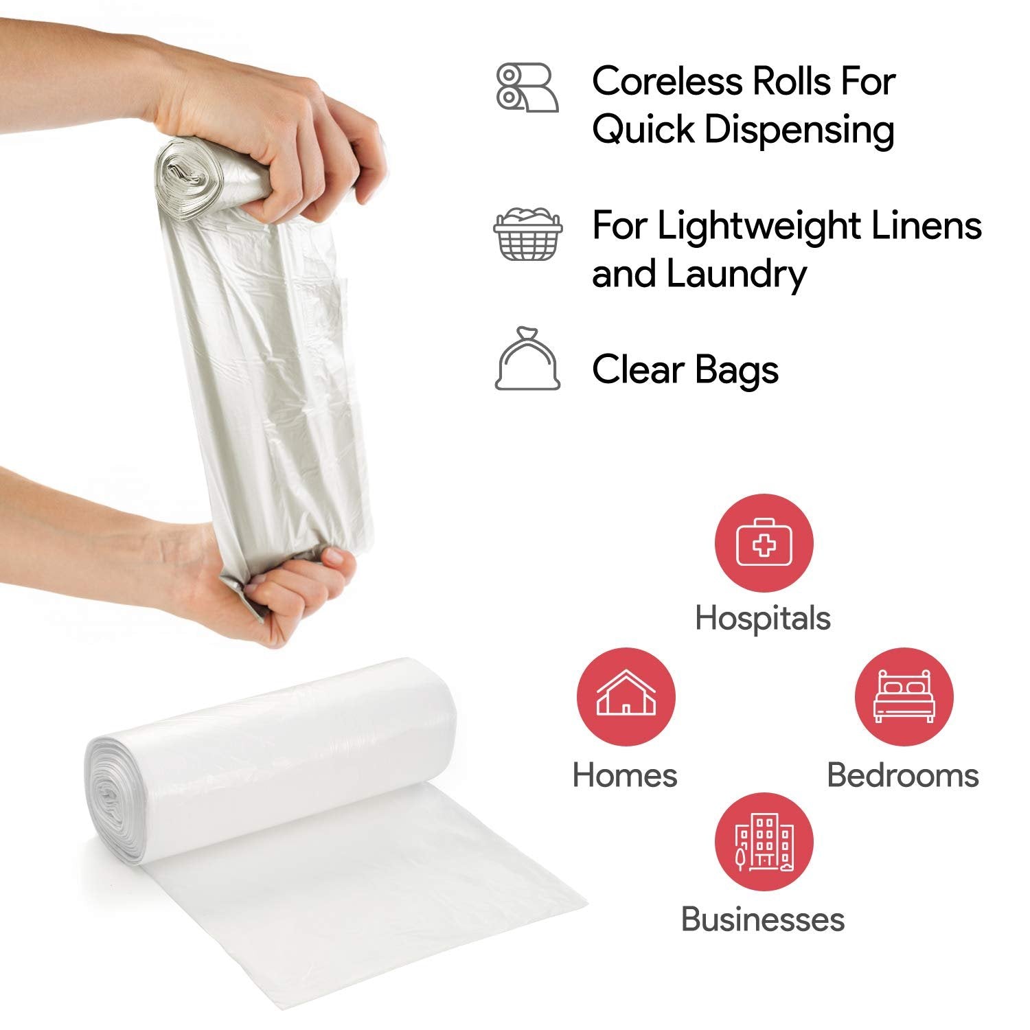 40-46 Gallon Clear Garbage Can Liners, 125 Count - Large Trash Can Liners - High Density, Thin, Lightweight, 16 Microns - For Office, Home, Hospital Wastebaskets - 5 Coreless Rolls
