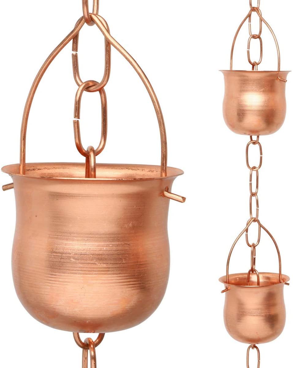 Marrgon Copper Rain Chain – Decorative Chimes & Cups Replace Gutter Downspout & Divert Water Away from Home for Stunning Fountain Display – 3’ Long for Universal Fit – Pot Style…