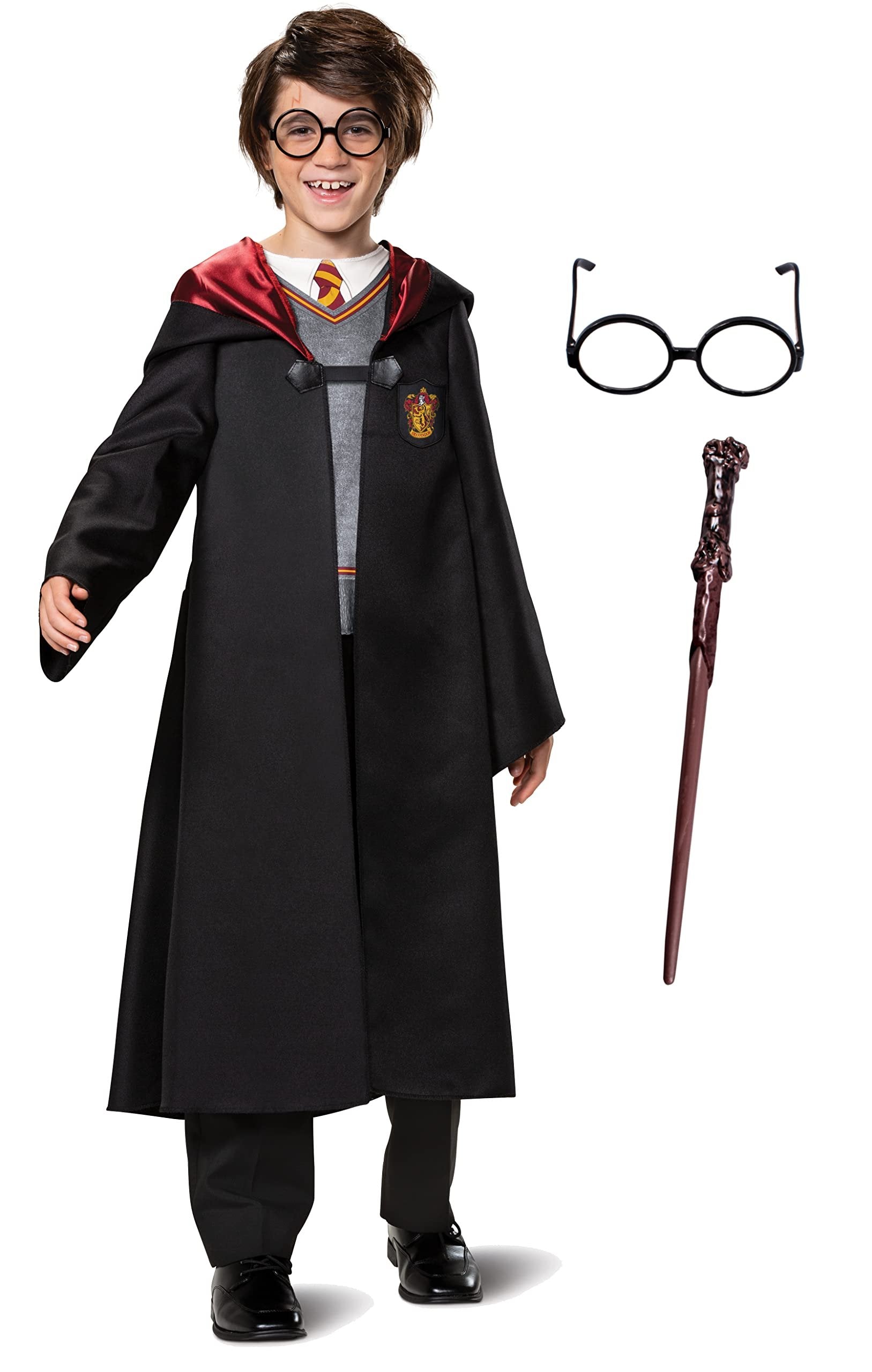 Harry Potter Costume Combo, Official Wizarding World Harry Potter Hooded Robe, Glasses and Wand for Kids, Size Large (10-12)