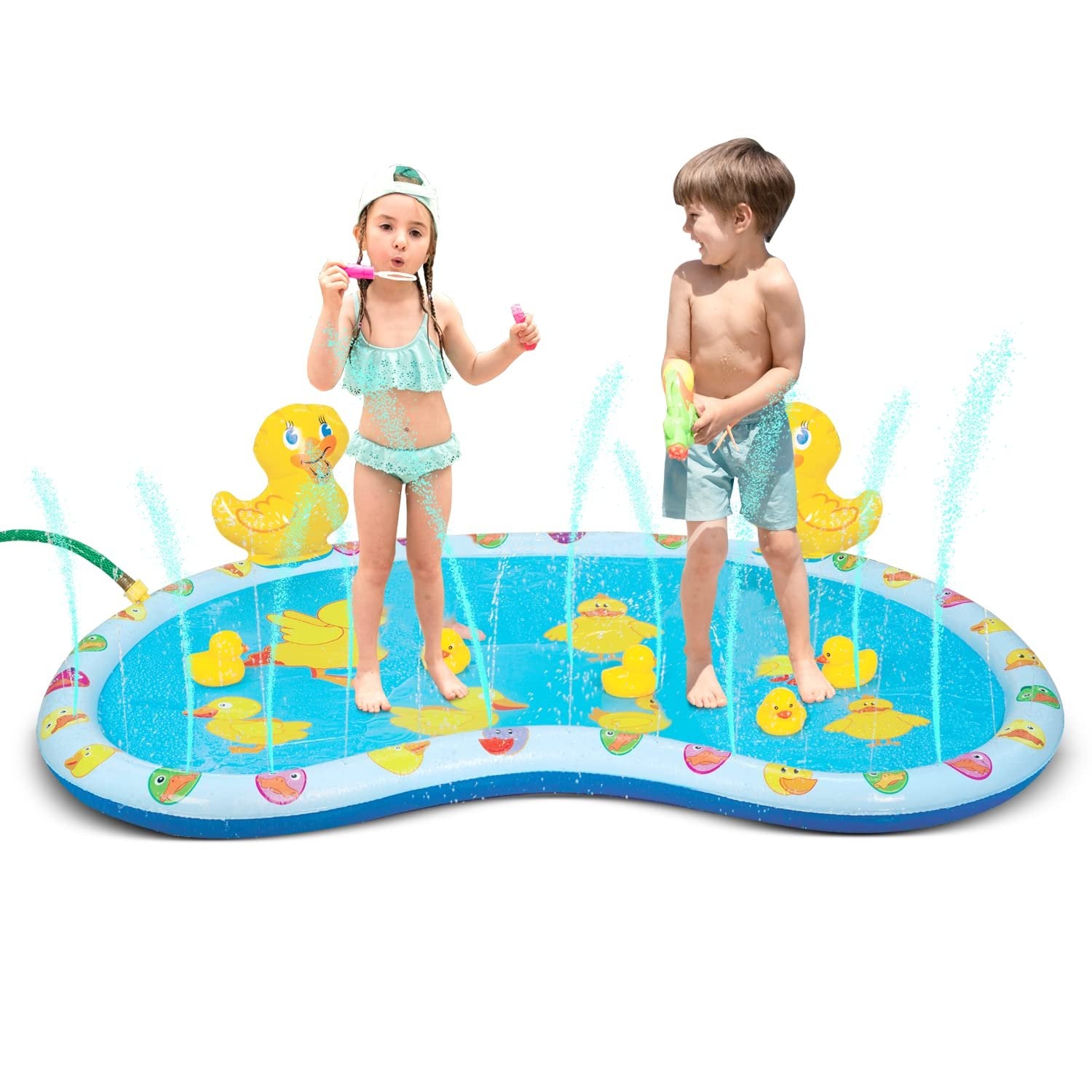 Bundaloo Baby Splash Pad Sprinkler with 4 Rubber Duck Toys - Fun Kiddie Pool Mat for Babies and Toddlers with Universal Garden Hose Connection