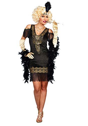 Dreamgirl Adult Womens Flapper Dress Costume, 20s Great Gatsby, Swanky Flapper Halloween Costume, Black/Gold - Small