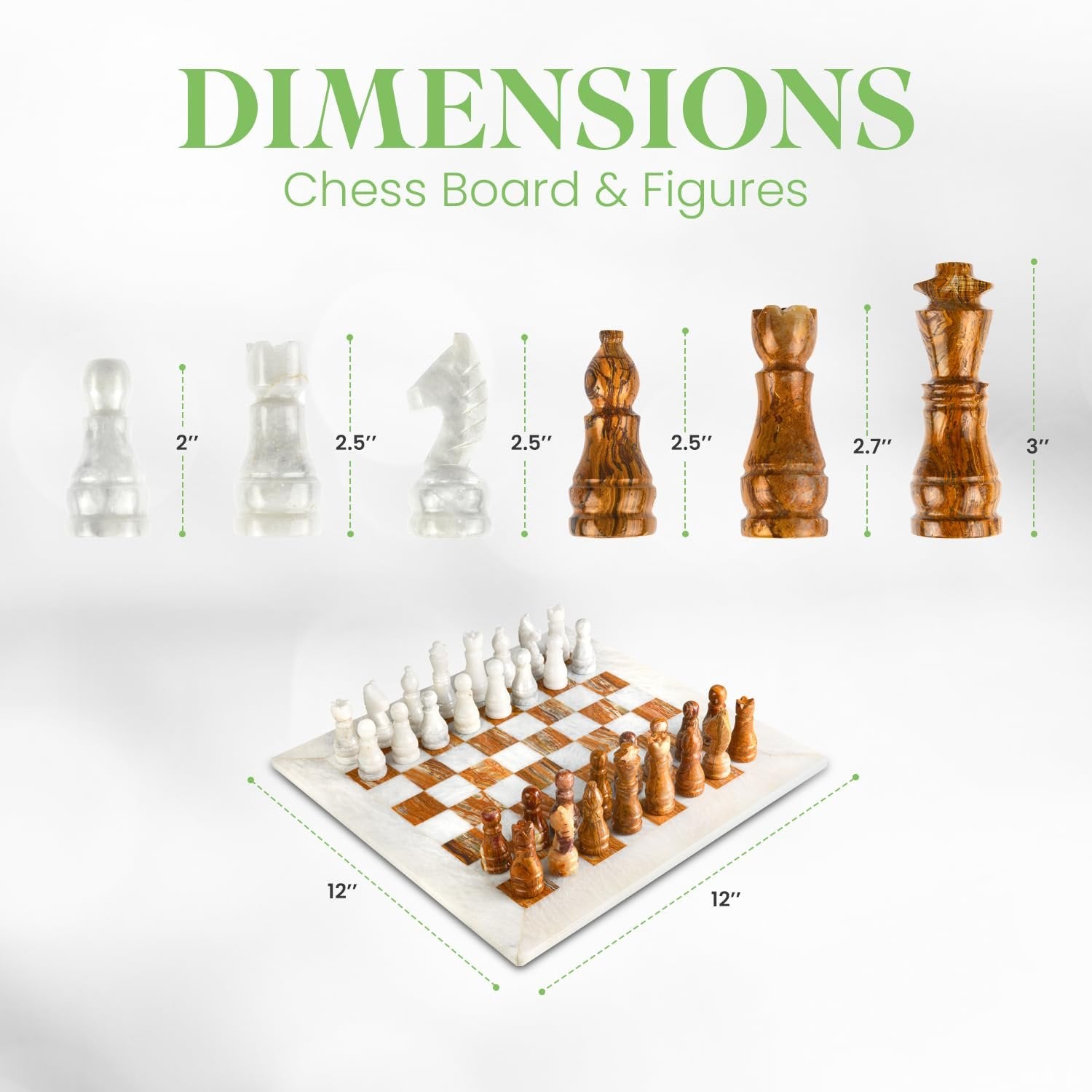 UMAID Handmade Marble Chess Set Board Game with Luxury Velvet Gift Box - 12β Elegant White & Brown Onyx Marble Chess Board, Unique Chess Sets for Adults and Marble Home Decor
