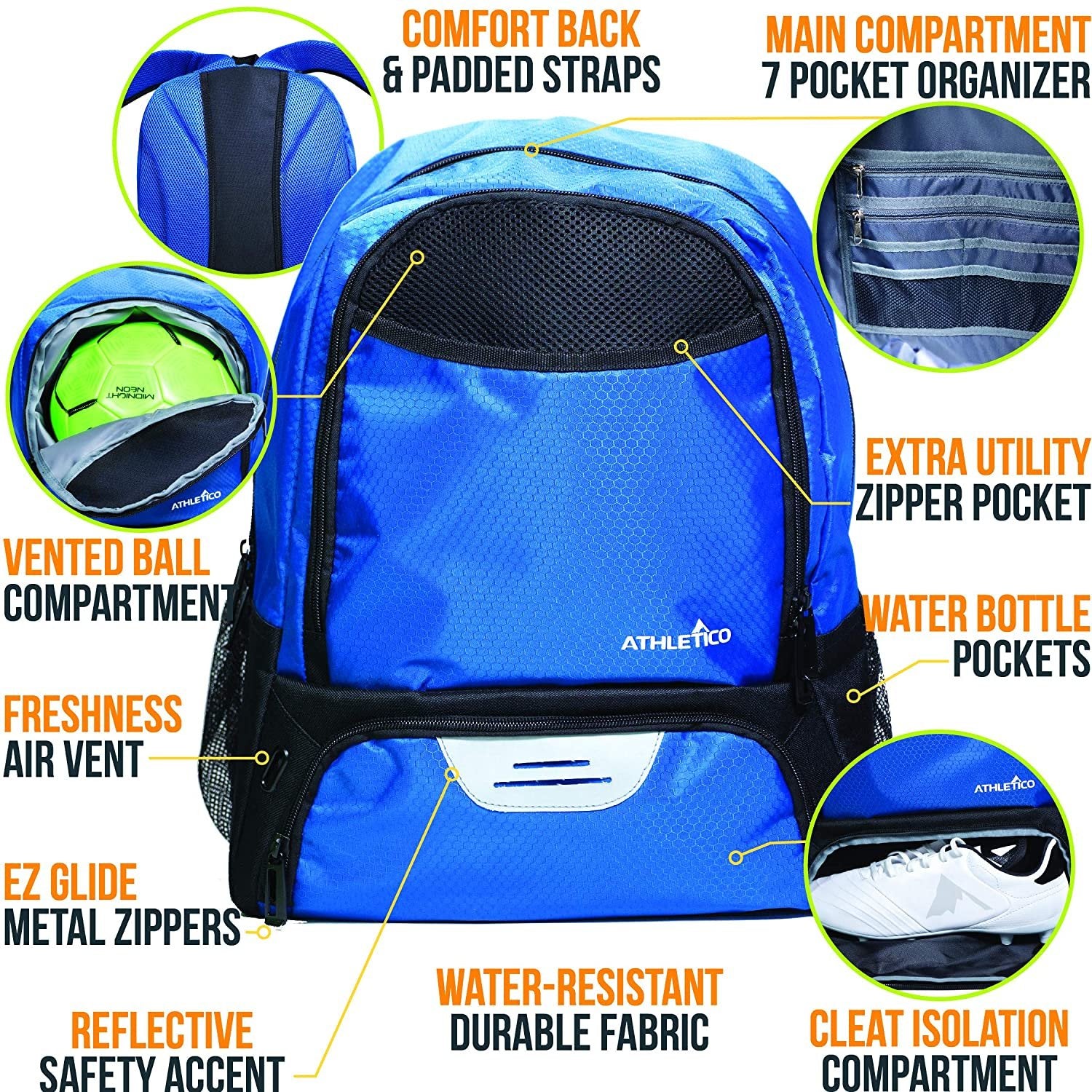 Athletico Youth Soccer Bag - Soccer Backpack & Bags for Basketball, Volleyball & Football | Includes Separate Cleat and Ball Compartments (Blue)
