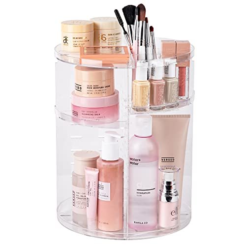 Masirs 360 Rotating Makeup Organizer, Adjustable Shelf Height and Fully Rotatable, The Perfect Cosmetic Organizer for Bedroom Dresser or Vanity Countertop, (Clear)