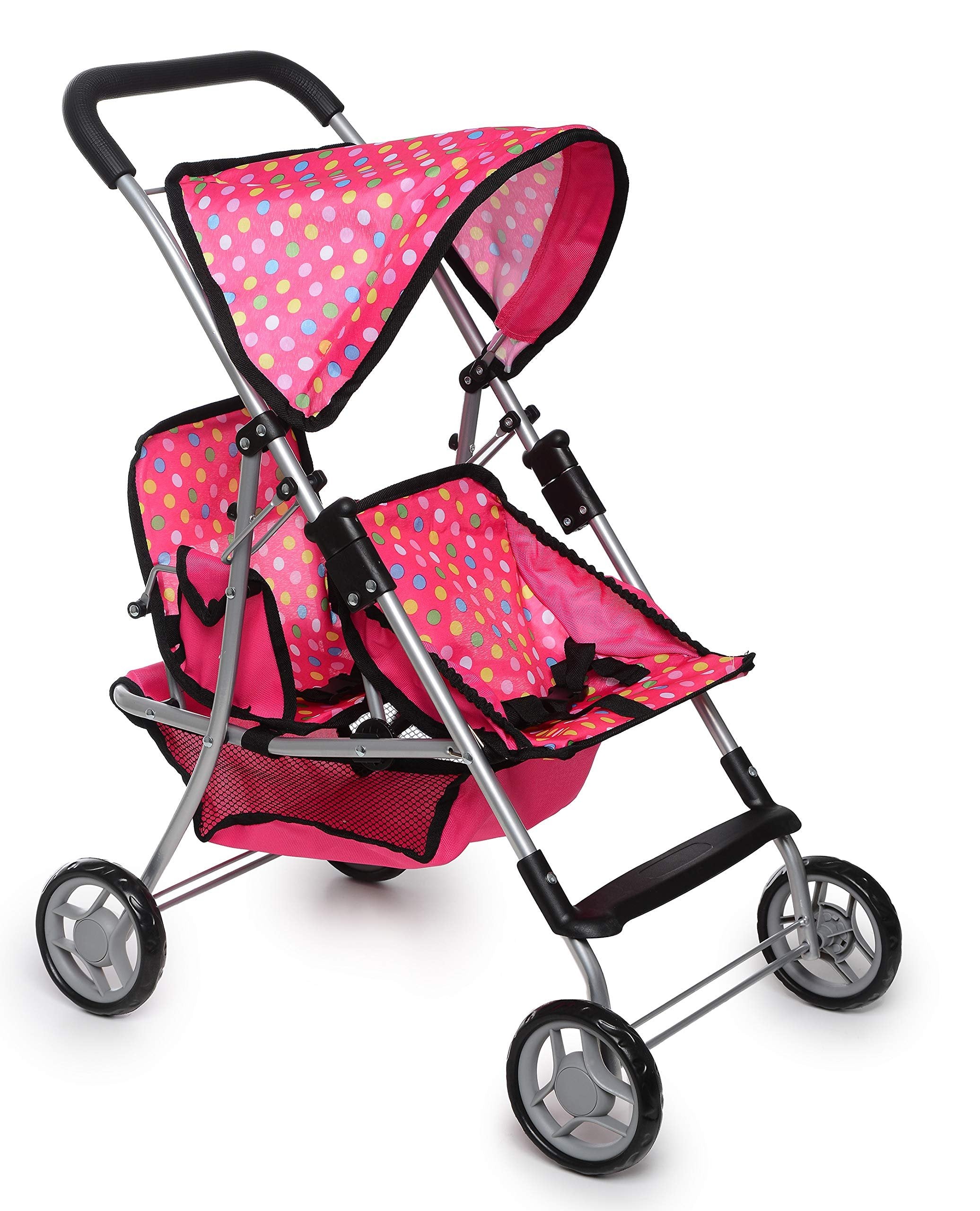 Twin Baby Doll Stroller - Pretend Play Baby Stroller for Dolls - Toy Stroller with Storage Basket for Baby Doll Accessories Set - Polka dot Design Baby Stroller Toy for Kids - Folds Easily