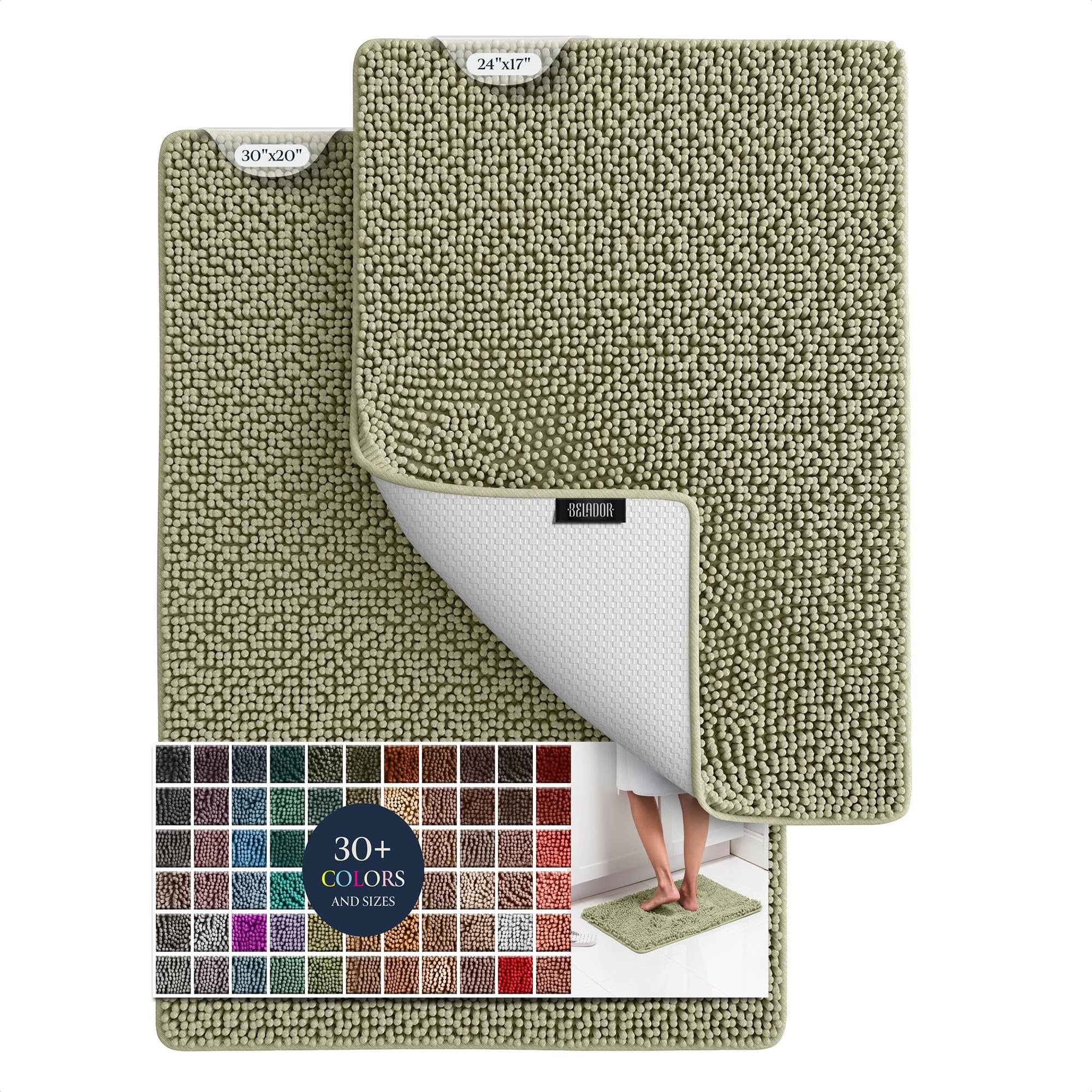 BELADOR Bathroom Rugs Sets 2 Piece- Plush Bath Mat Set Quick-Dry Soft Chenille Bathroom Mat with Rubber Backing, Absorbent Bathroom Rug Set, Washable Bath Rugs for Bathroom- Bath Mats 24x17 + 30x20