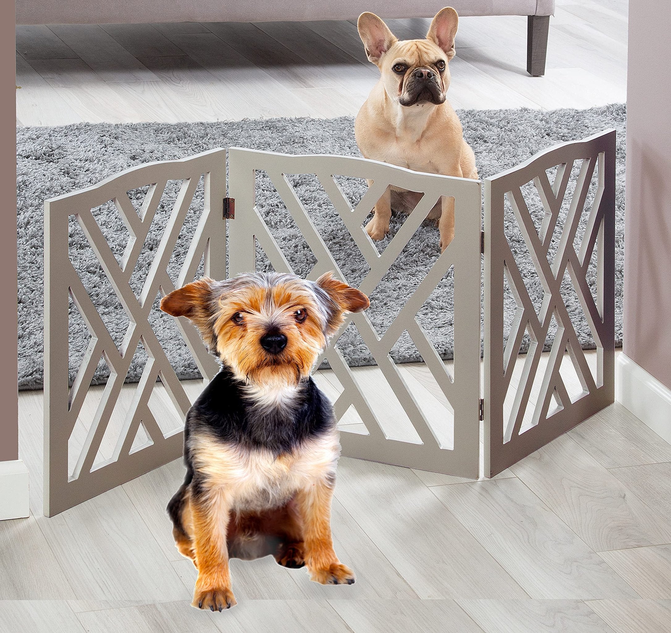 Bundaloo Freestanding Dog Gate Expandable Decorative Wooden Fence for Small to Medium Pet Dogs, Barrier for Stairs, Doorways, & Hallways (Crisscross - Grey)