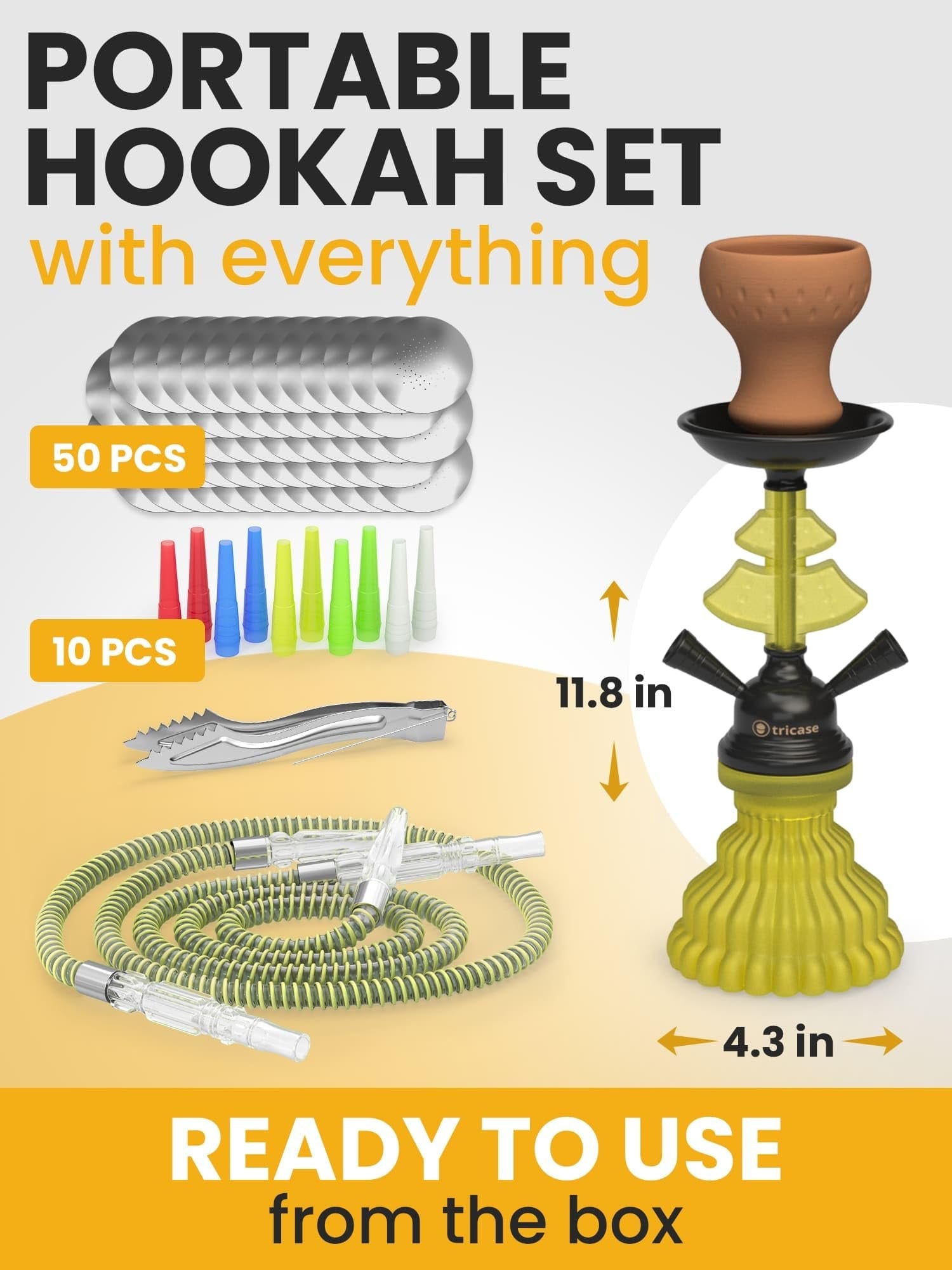 Neon Yellow Hookah Set 2 Hose Hookah - LilOne 12” Neon Yellow Mini Hookah Combo Kit Shisha Hookah Set with Prepunched Foil Hookas Bowl Disposable Tips Mouthpiece Tongs Portable Hookah Pipe - Hookah Machines