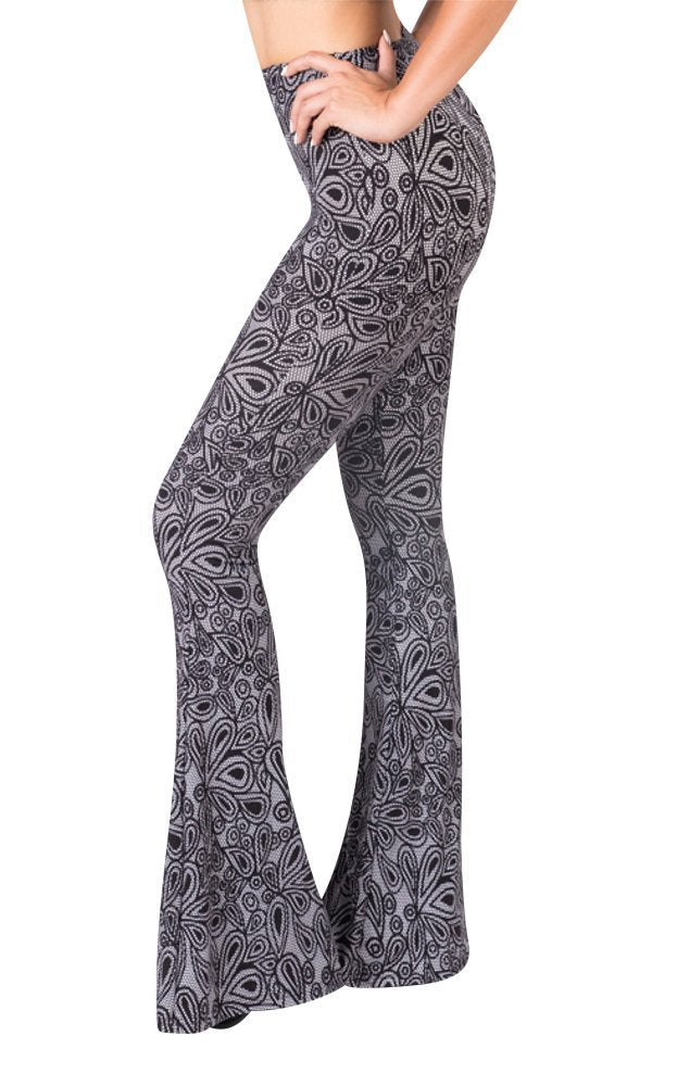 SATINA Womens High Waisted Flare Wide Leg Leggings, Printed & Solid, Reg & Plus, 06 Herbage White, Small