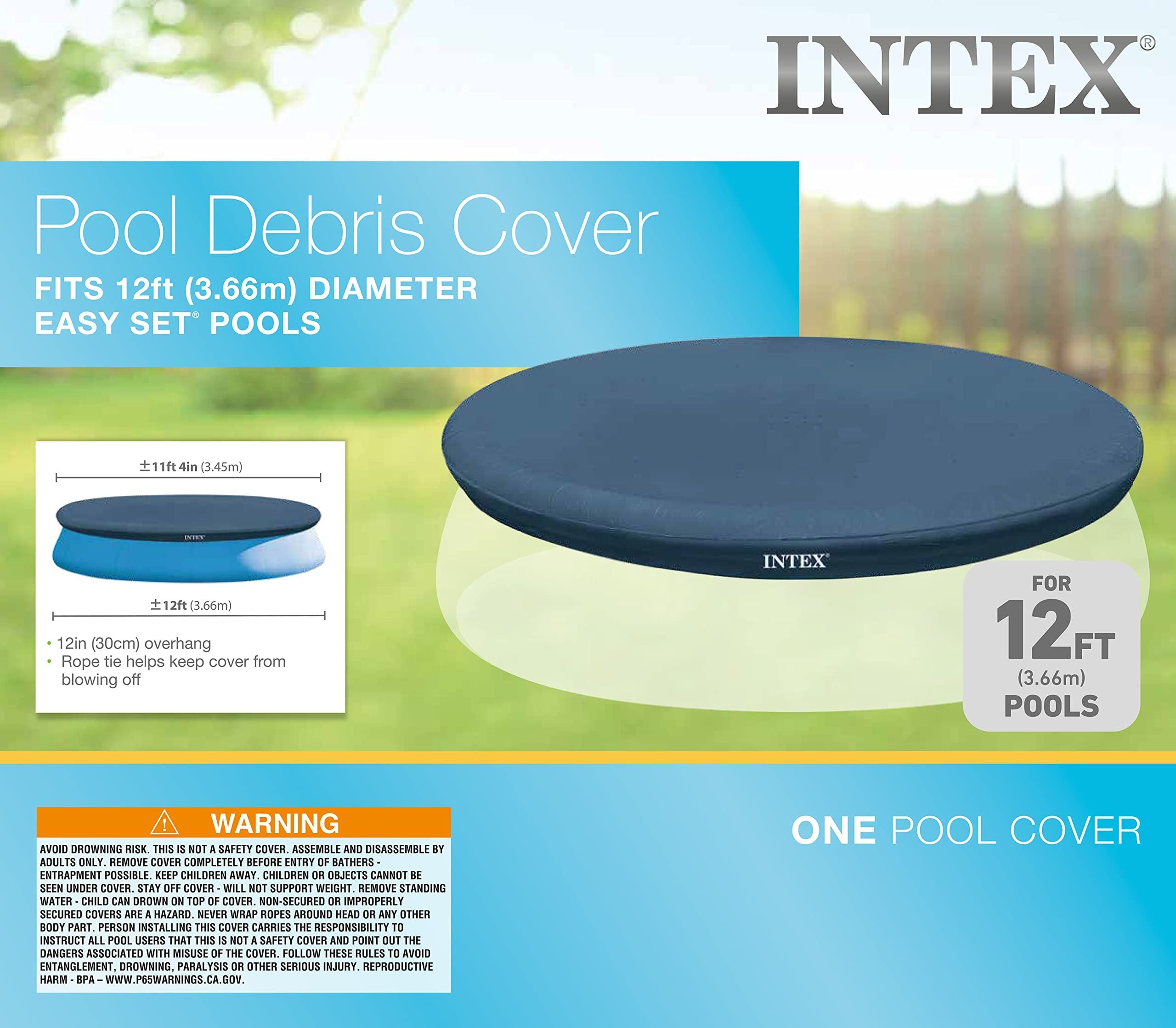 INTEX 28022E Pool Cover: For 12ft Round Easy Set Pools - Includes Rope Tie - Drain Holes - 12in Overhang - Snug Fit