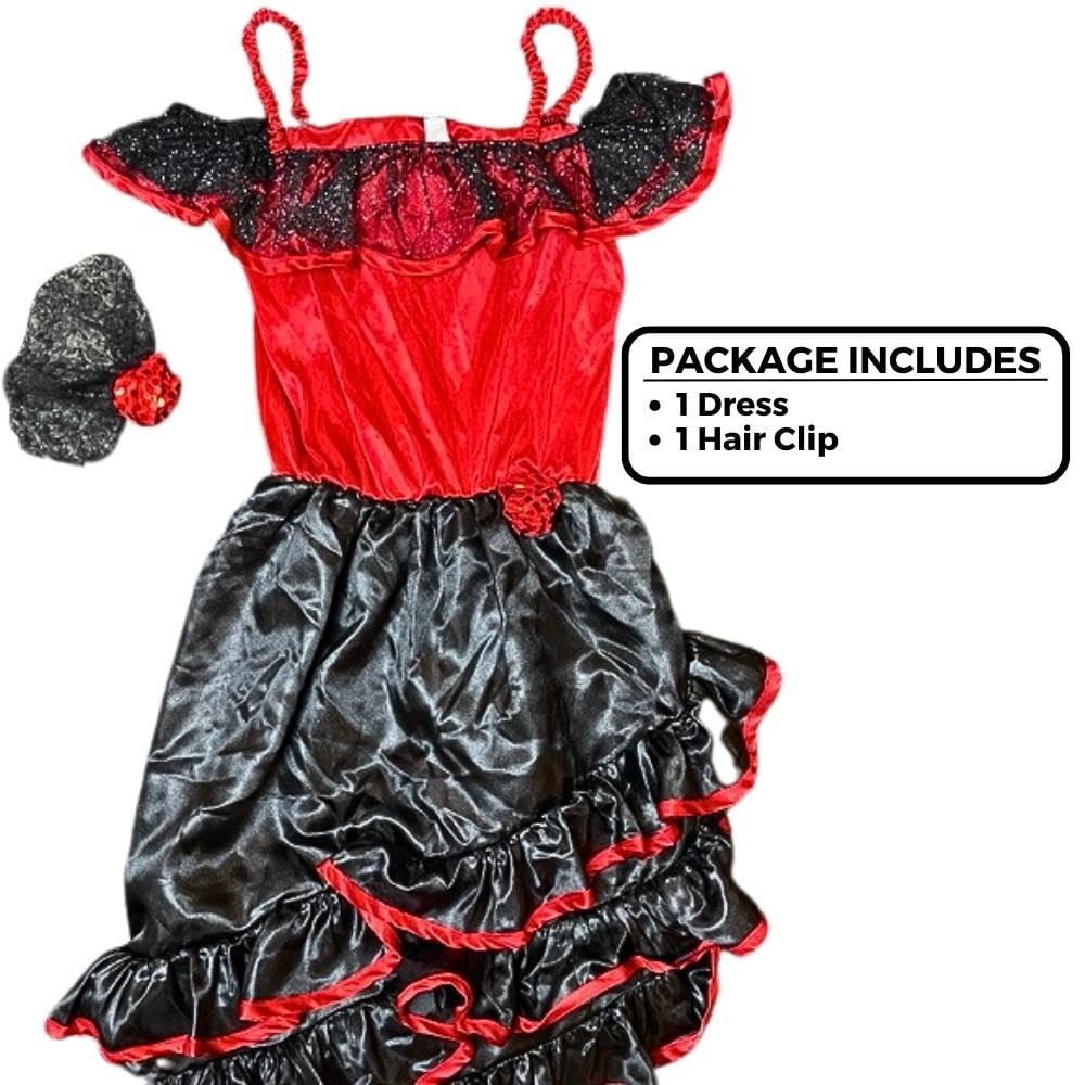 Elegant Spanish Dancer Costume Set For Ages 12-14 - Large Size (1 Pc.) - Dazzling Red & Black Design - Perfect for Themed Parties and Performances