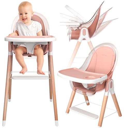 Children of Design 6 in 1 Deluxe Wooden High Chair for Babies & Toddlers Modern Safe Compact Baby Highchair, Easy to Clean, Removable Tray & Cushion, 6 Options 3 Seat Positions 2 Heights (Pink)