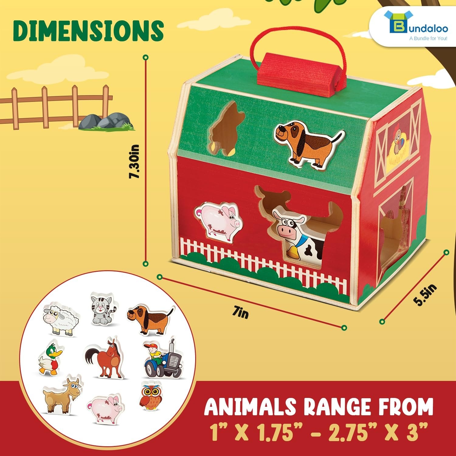 Bundaloo Wood Sorting Barn Playset with 10 Farm Animals - Educational Toy for Fine Motor Skills, Hand-Eye Coordination, and Imaginative Play