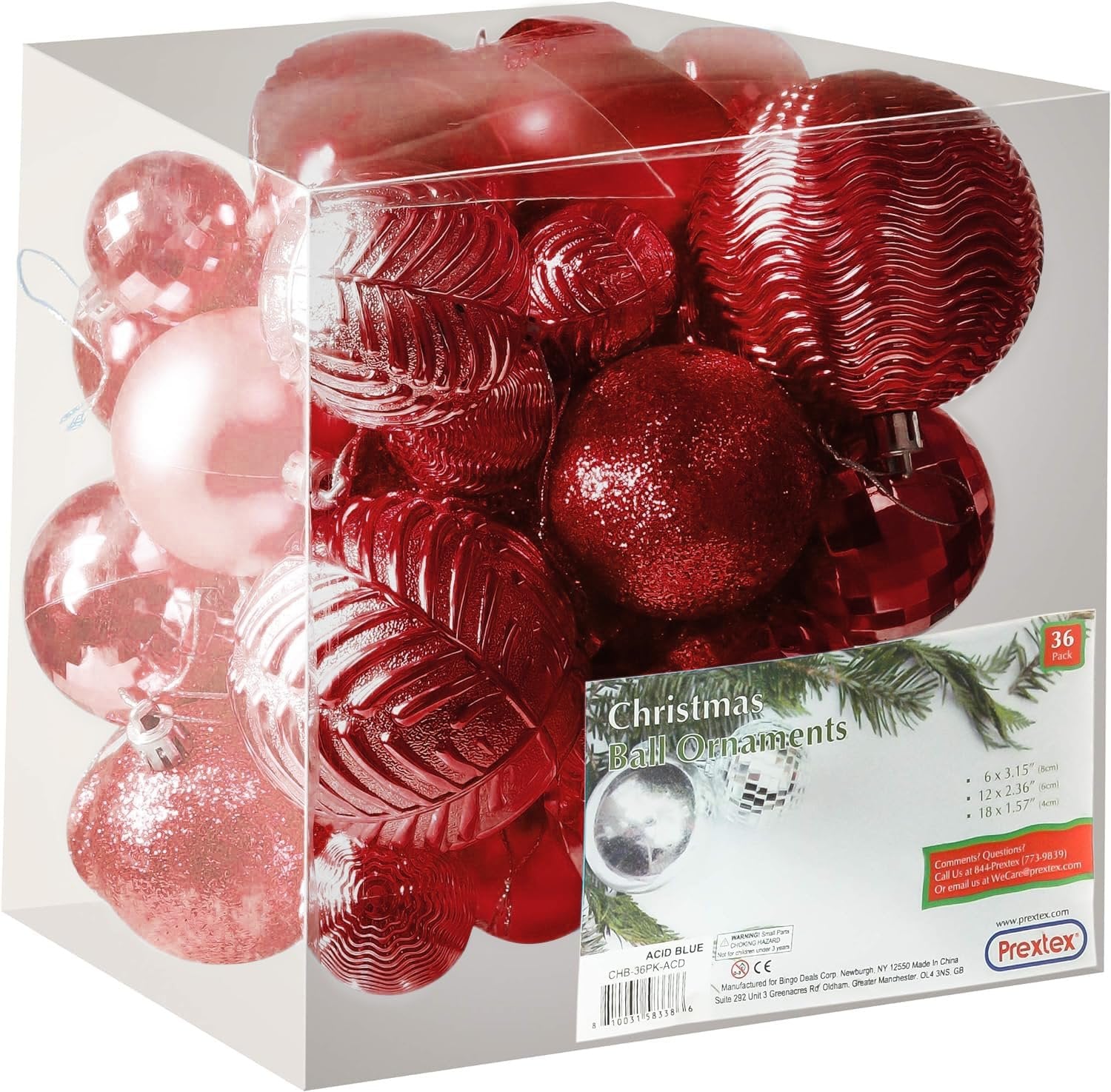PREXTEX Christmas Ball Ornaments for Christmas Decorations (Red) | 36 pcs Xmas Tree Shatterproof Ornaments with Hanging Loop for Holiday, Wreath and Party Decorations (Combo of 6 Styles in 3 Sizes)