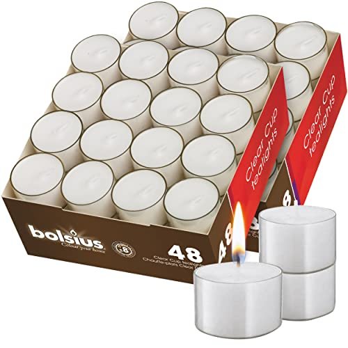 BOLSIUS Tea Light Candles in Clear Cups - 2 Packs = Total 96 Candles - 8 Hours - Premium European Quality - Consistent Smokeless Flame - Unscented Tealights
