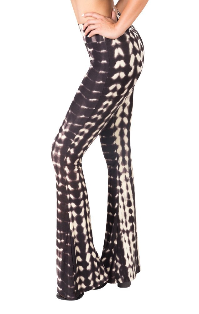 SATINA High Waisted Flare Wide Leg Leggings | Printed & Solid | Reg & Plus (XX-Large, Trippy Black)