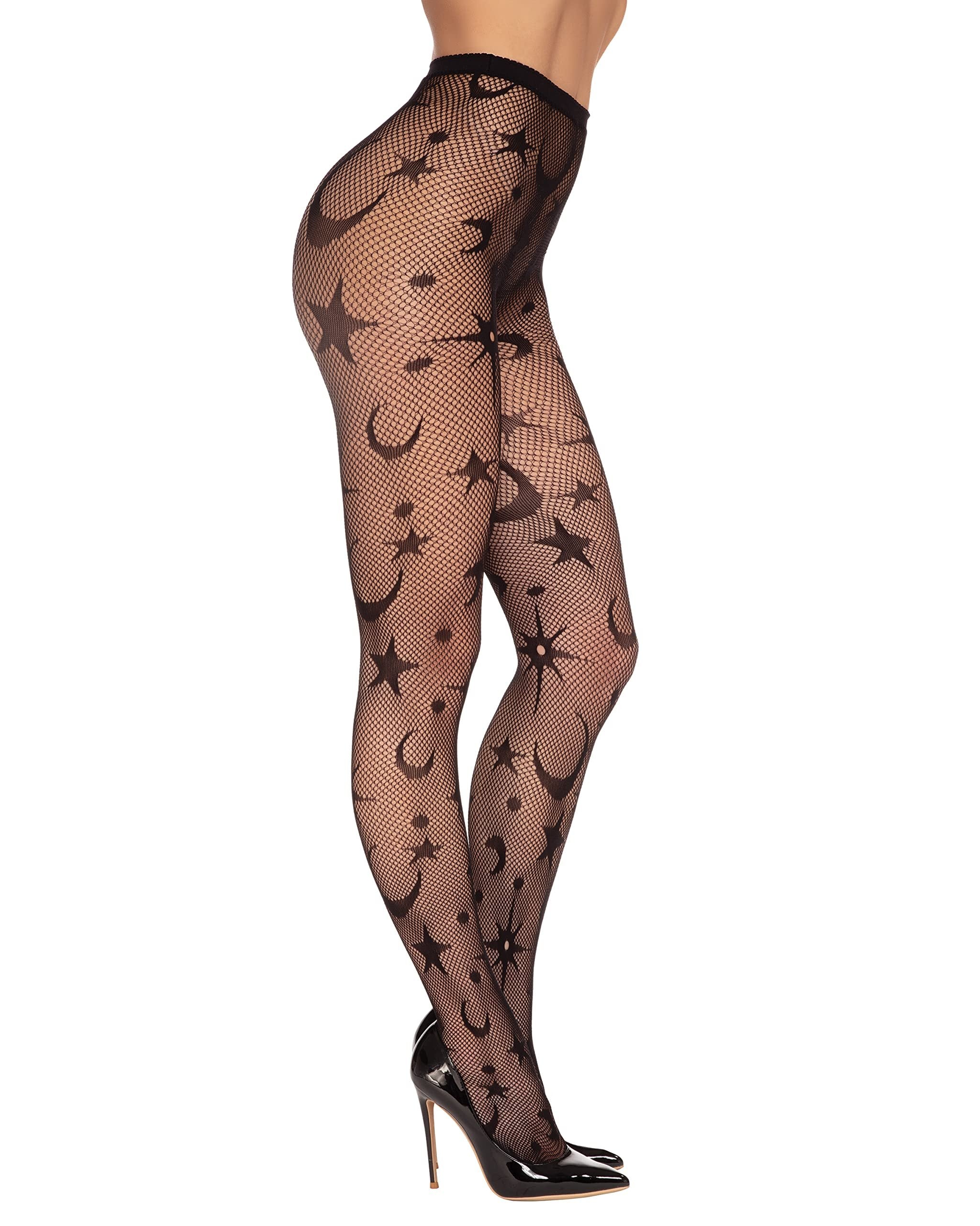 Dreamgirl womens Net With Moon & Stars Pattern Celestial Pantyhose, Black, One Size US
