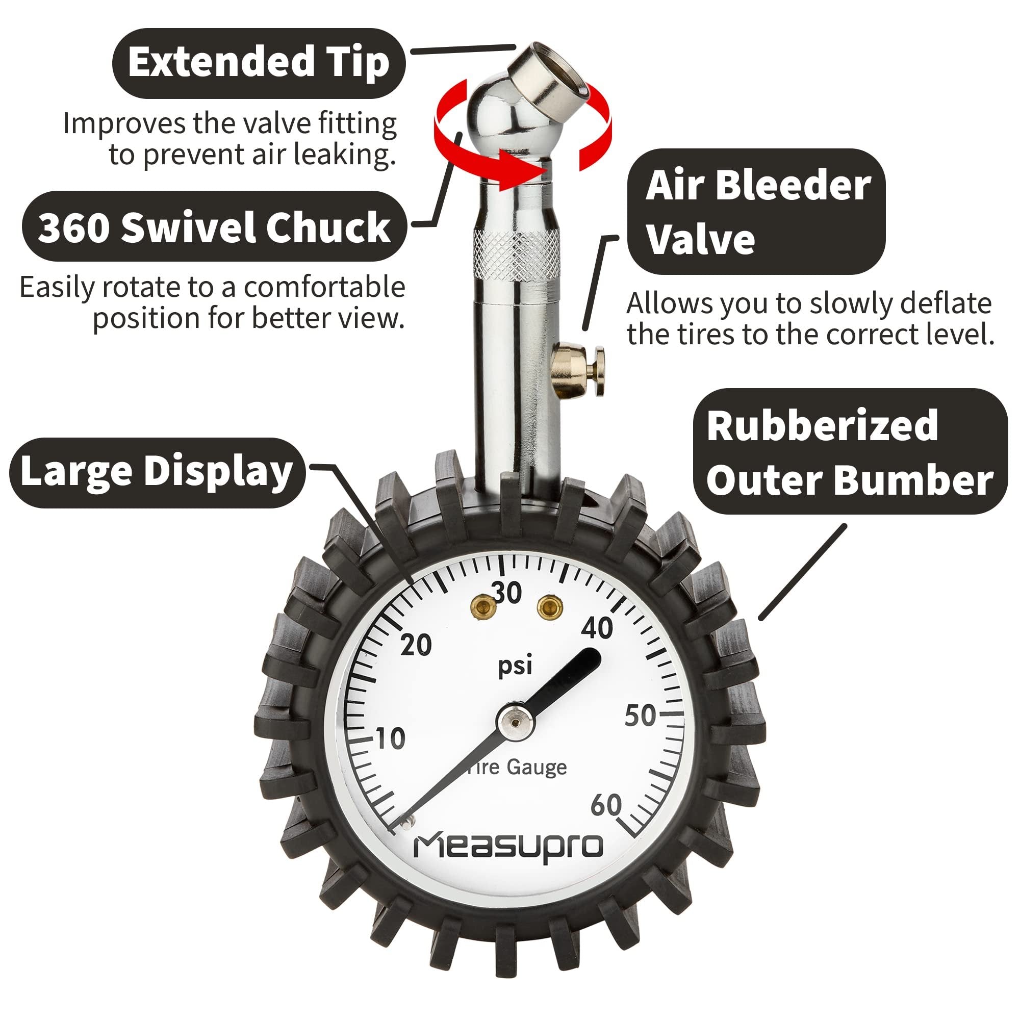 MeasuPro Analog Tire Gauge with Easy Read Glow in Dark Large Scale Dial - 0-60 PSI Heavy Duty Air Pressure Gauge with Air Release Valve for Cars, Trucks, Motorcycles, Bikes - Certified ANSI Accurate