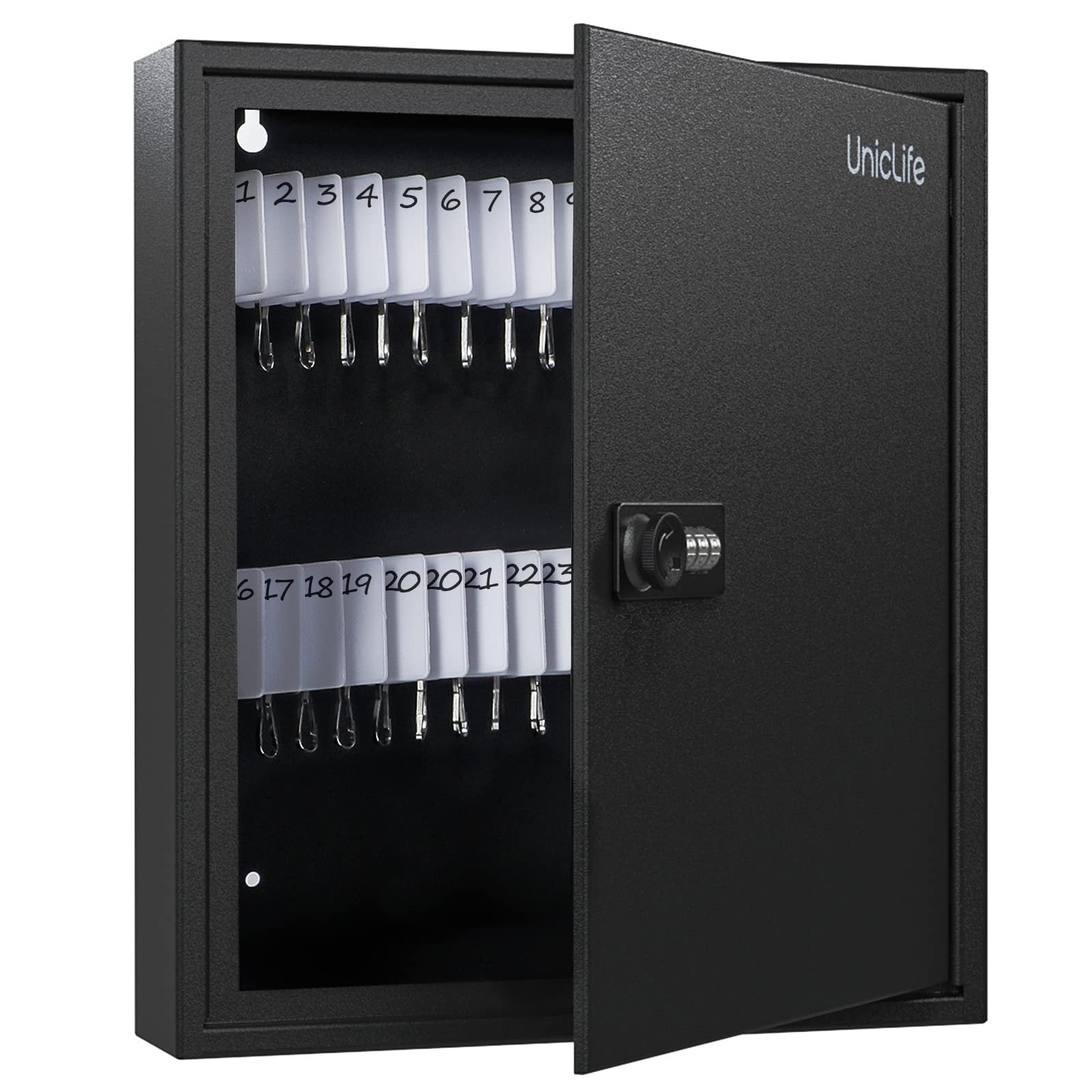 Uniclife 60-Key Slotted Key Cabinet with Combination Lock Wall Mounted Steel Key Organizer with Resettable Code Black Digital Security Box with Slotted Racks White Key Tags and Permanent Marker