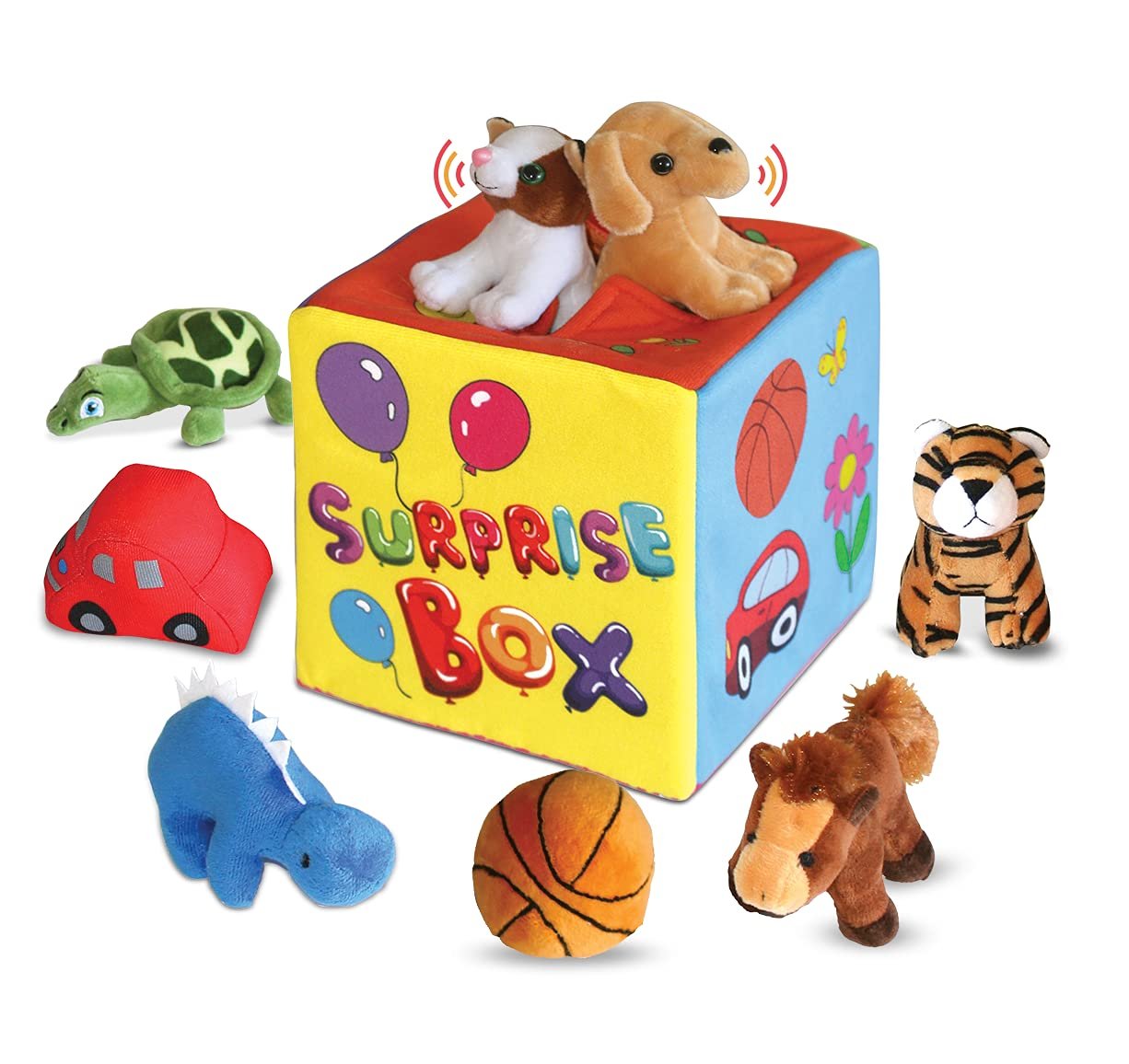 Bundaloo Surprise Box with 8 Plush Toys - Soft Sensory Playset of Stuffed Animals with Sounds for Babies & Toddlers
