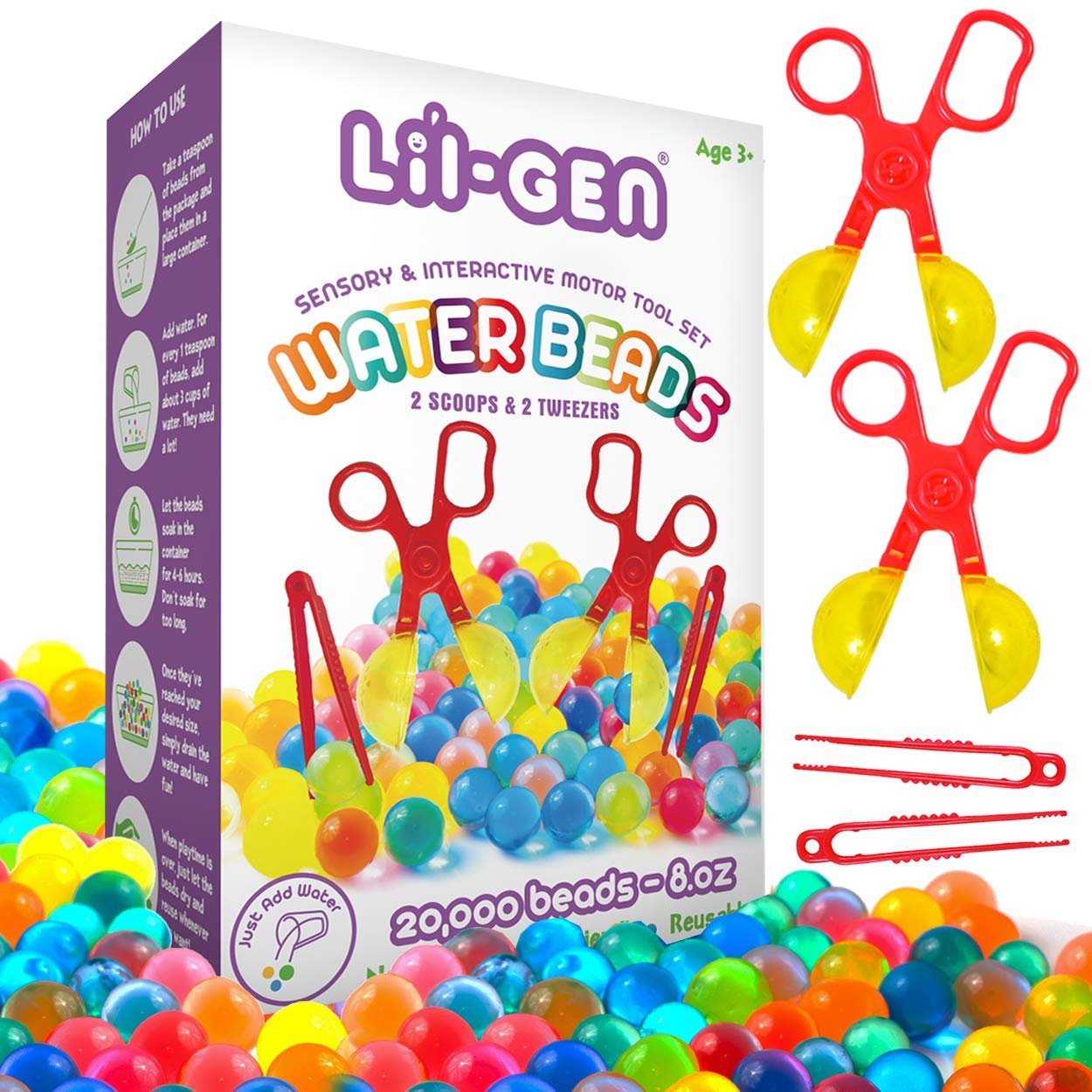 Li’l Gen Kids Water Beads with Fine Motor Skills Toy Set, Non-Toxic Water Sensory Toy for Kids - 20,000 Beads with 2 Scoops and Tweezers for Early Skill Development