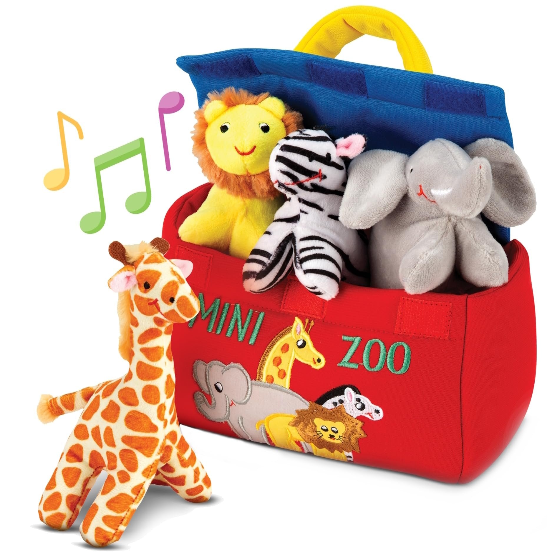 Bundaloo Plush Mini Zoo Playset - Giraffe, Elephant, Lion, Zebra - Interactive Animals, Carrier with Velcro Closure, Natural Sound Effects for Babies and Toddlers