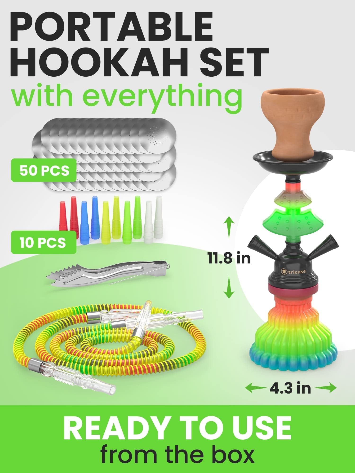 Rasta Hookah Set 2 Hose Hookah - LilOne 12” Colorful Hookah 2 Hose Hookah Set with 50x Foil Hookah Bowl 10x Tips 2x Mouthpiece 2x Colorful Hookah Hose with Tongs Portable Hookah Set With Everything