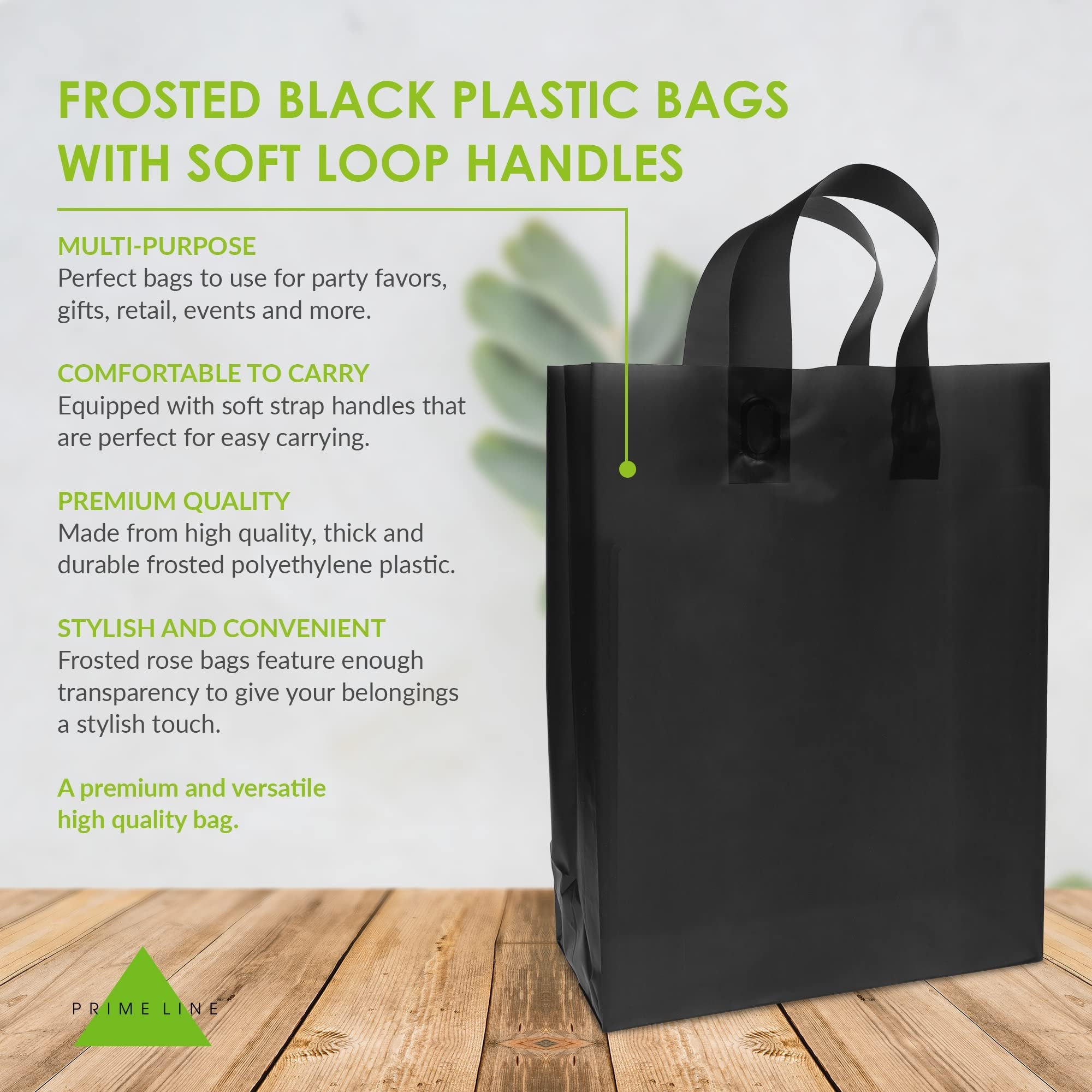 100 Black Frosted Plastic Bags with Handles - 10x5x13 Inch Size - Retail Gift Bags for Business and Events