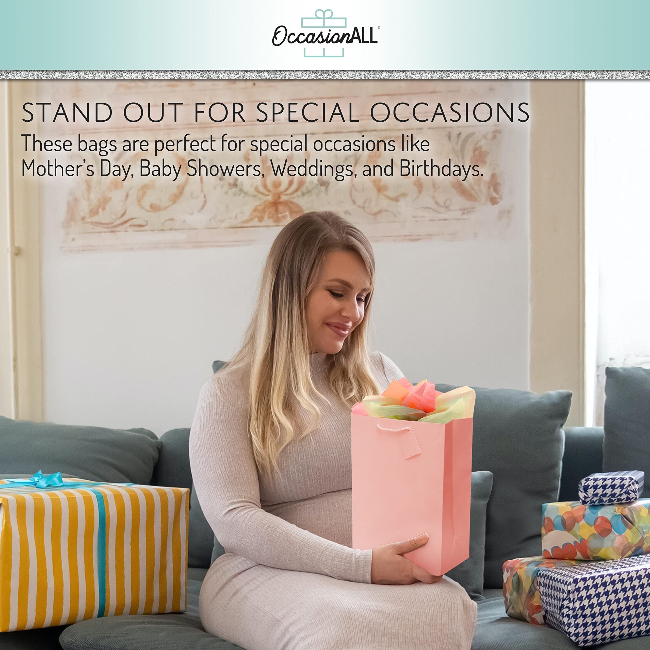 OccasionALL 10x5x13 12 Piece Large Pink Gift Bags with Handles for Bachelorette, Bridesmaid, Wedding, Birthday, Baby Shower, Favor, Small Business