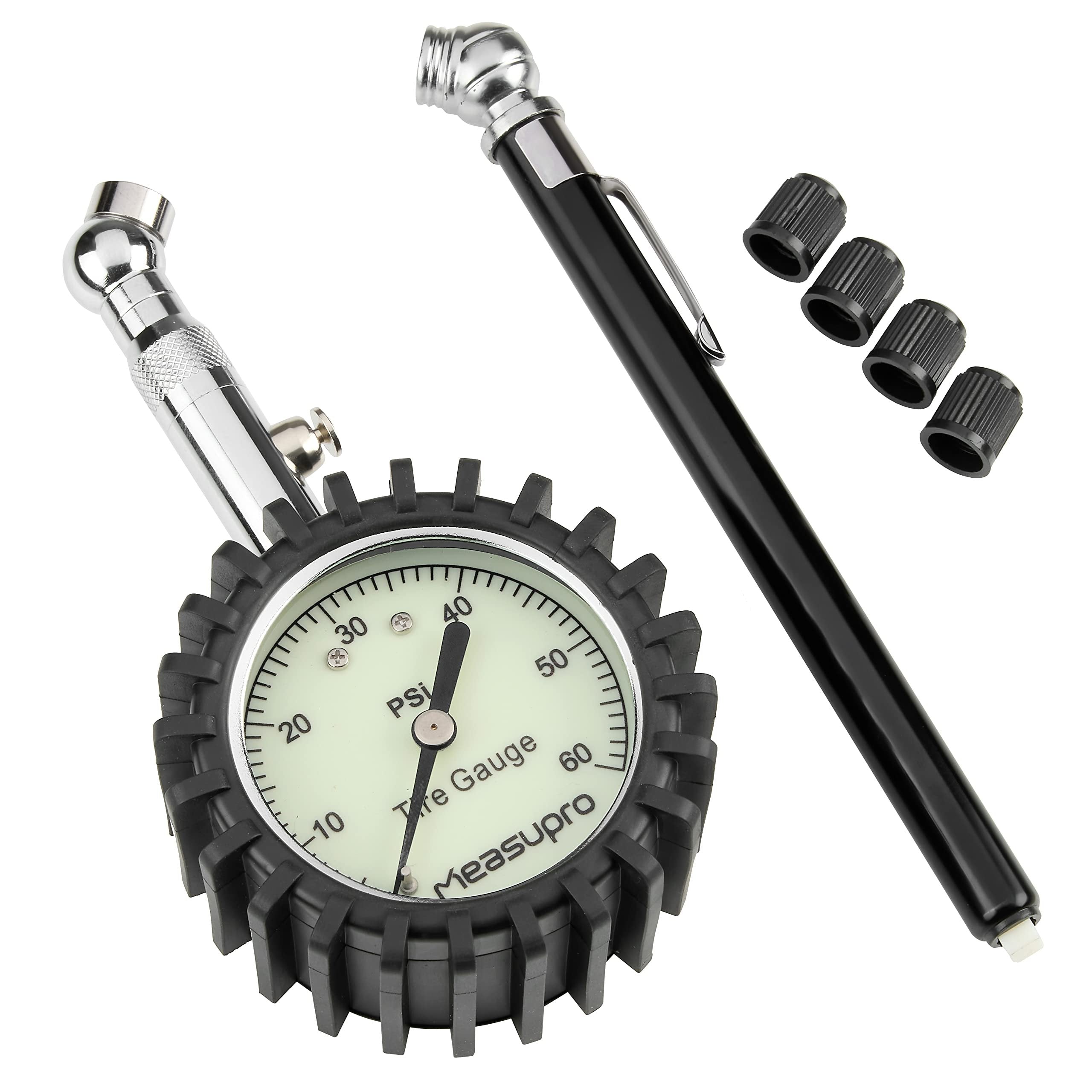 MeasuPro Analog Tire Gauge with Easy Read Glow in Dark Large Scale Dial - 0-60 PSI Heavy Duty Air Pressure Gauge with Air Release Valve for Cars, Trucks, Motorcycles, Bikes - Certified ANSI Accurate