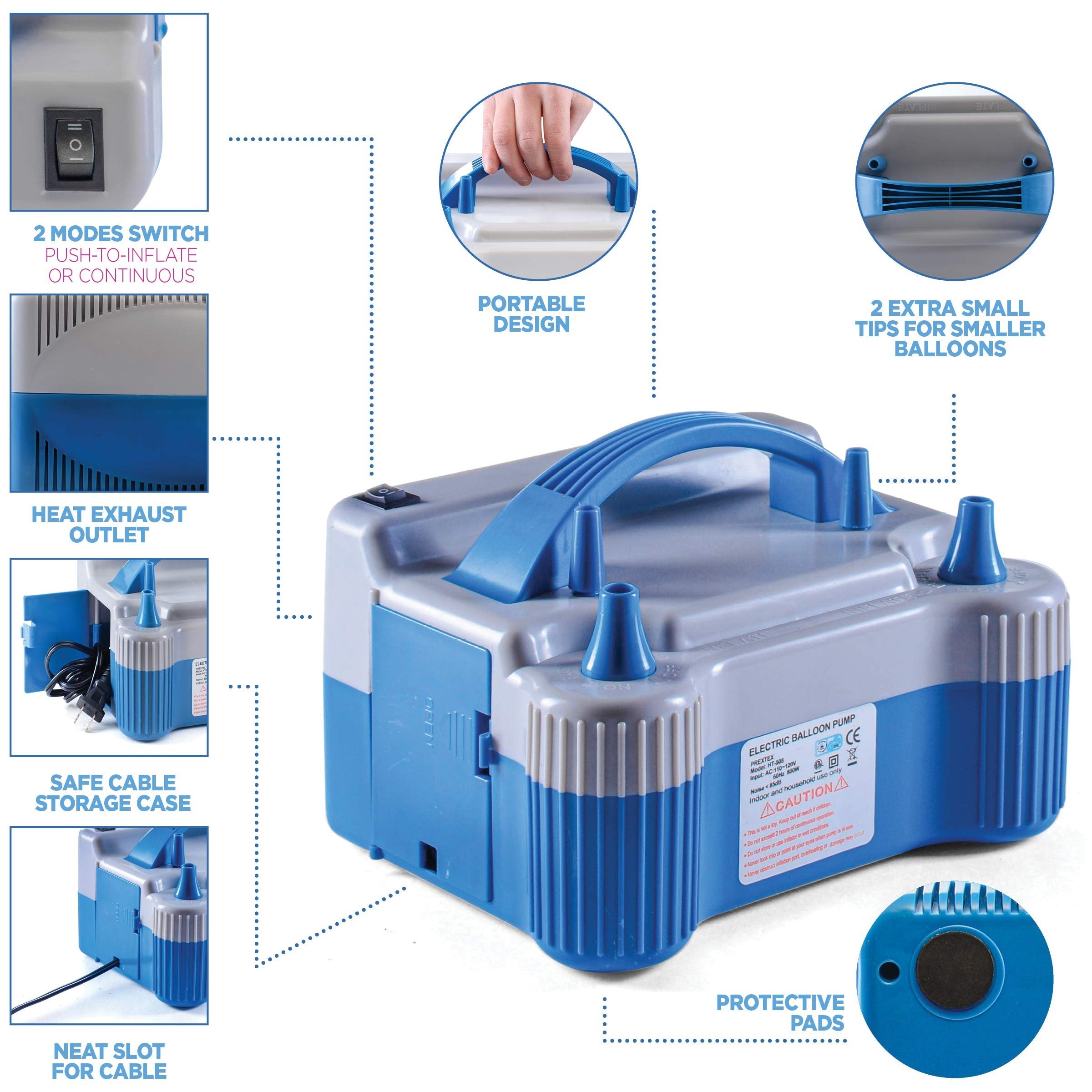 Prextex Portable Balloon Pump Powerful Electric Air Blower Dual Nozzle Balloon Inflator for Fast and Easy Bulk Balloons Filling for Event and Party Decoration - Balloon Pump Electric (800W, 110V)