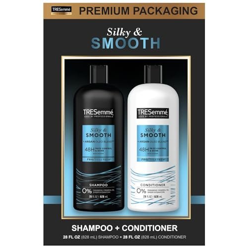 TRESemmé Shampoo and Conditioner, Argan Oil - Silky & Smooth, 48-Hour Frizz Control & Shine, Argan Oleo Blend Rich in Vitamin E Oil for Hair Shine, 28 Fl Oz (2 Piece Set)