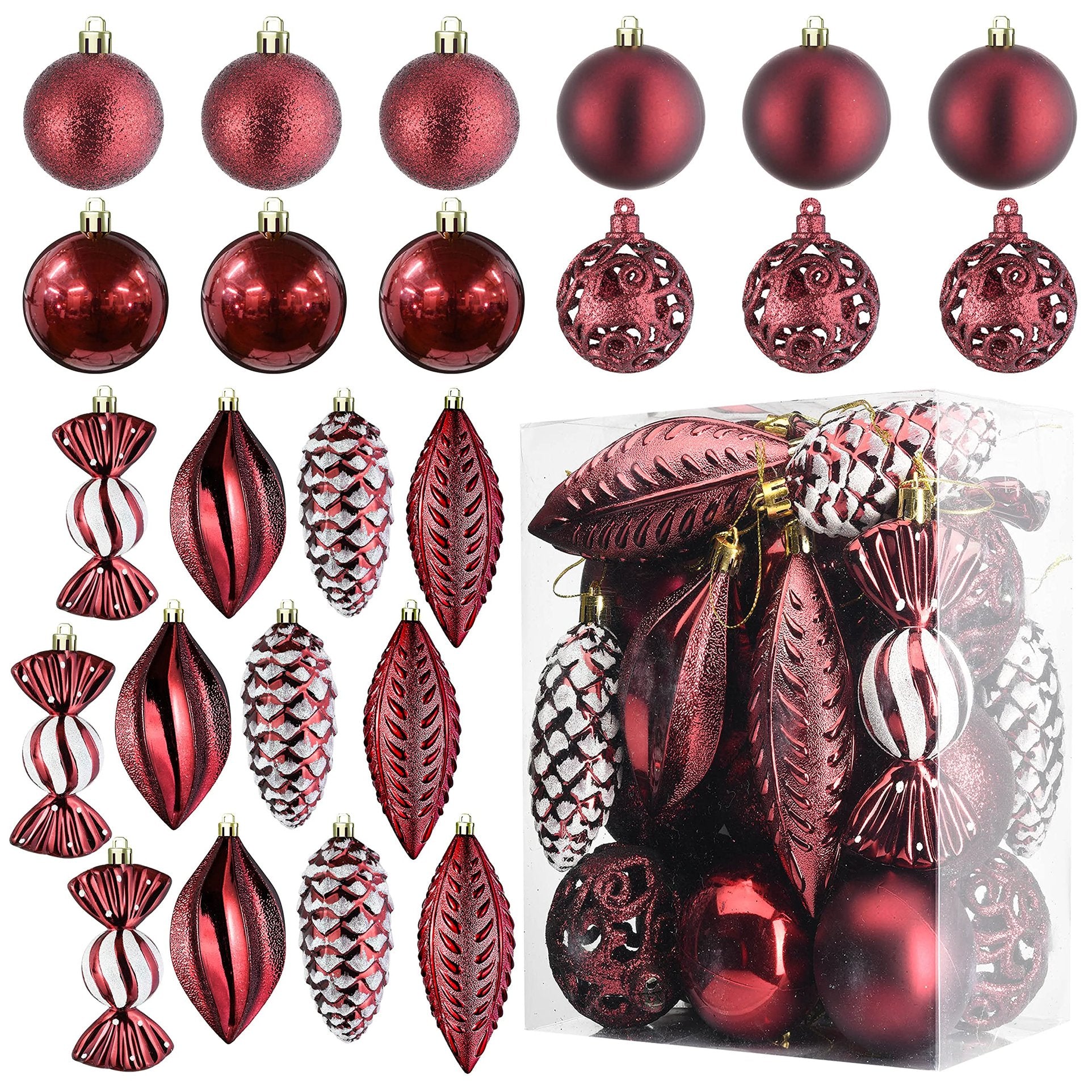 Prextex Christmas Ball Ornaments for Christmas Decorations (Wine Red) | 24 pcs Xmas Tree Shatterproof Ornaments with Hanging Loop for Holiday, Wreath and Party Decorations