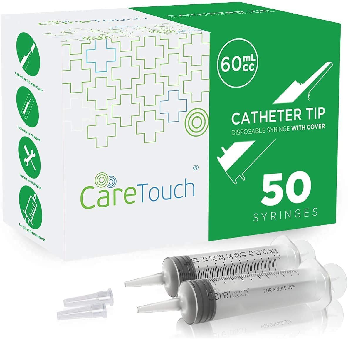 Care Touch 60ml Catheter Tip Syringe with Covers- 10 counts of 60cc Syringes with Catheter Tip by Care Touch - Individually Sealed 60cc Syringe - Sterile
