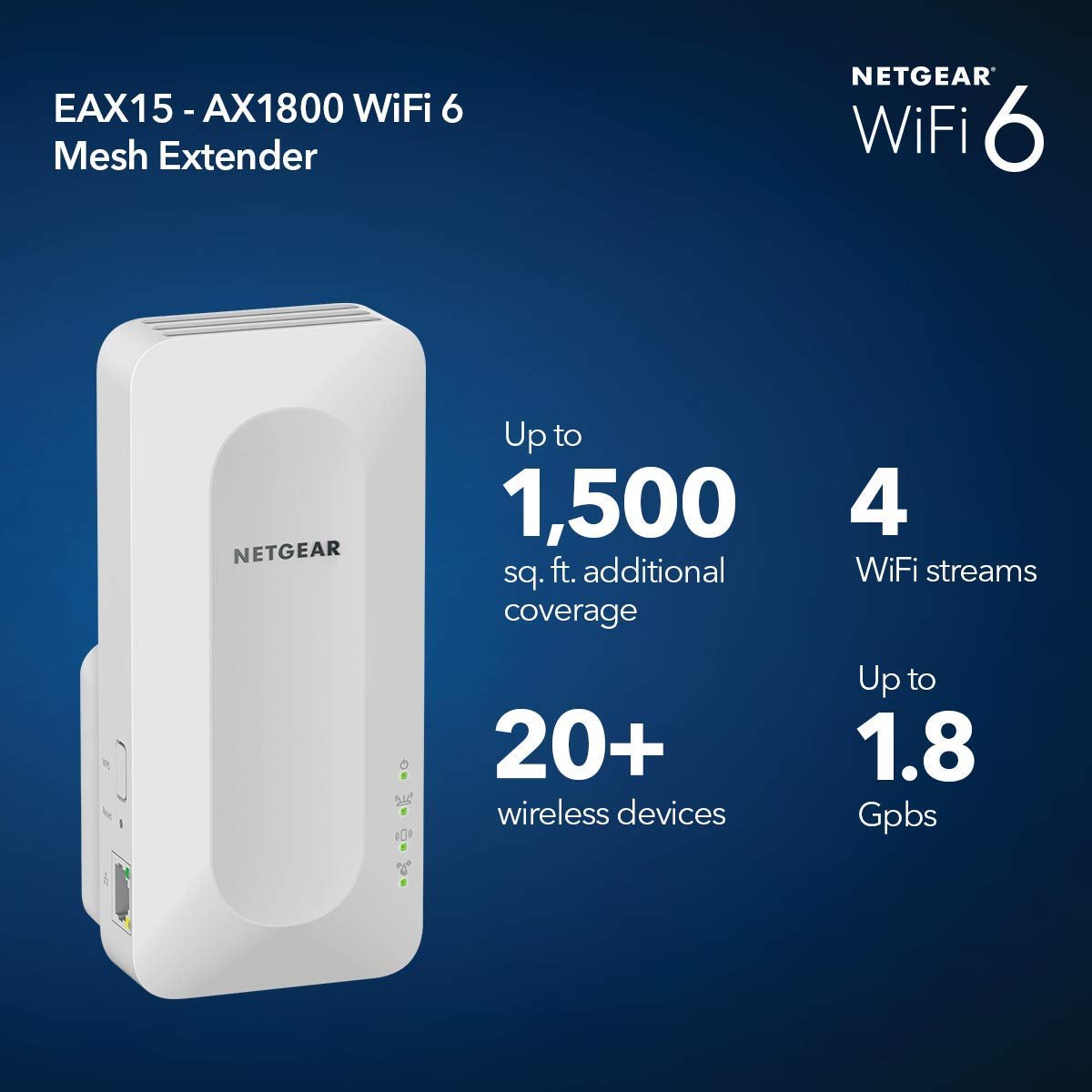 NETGEAR EAX15 AX1800 WIFI 6 Mesh Wall Plug Range Extender & Signal Booster White (Renewed)