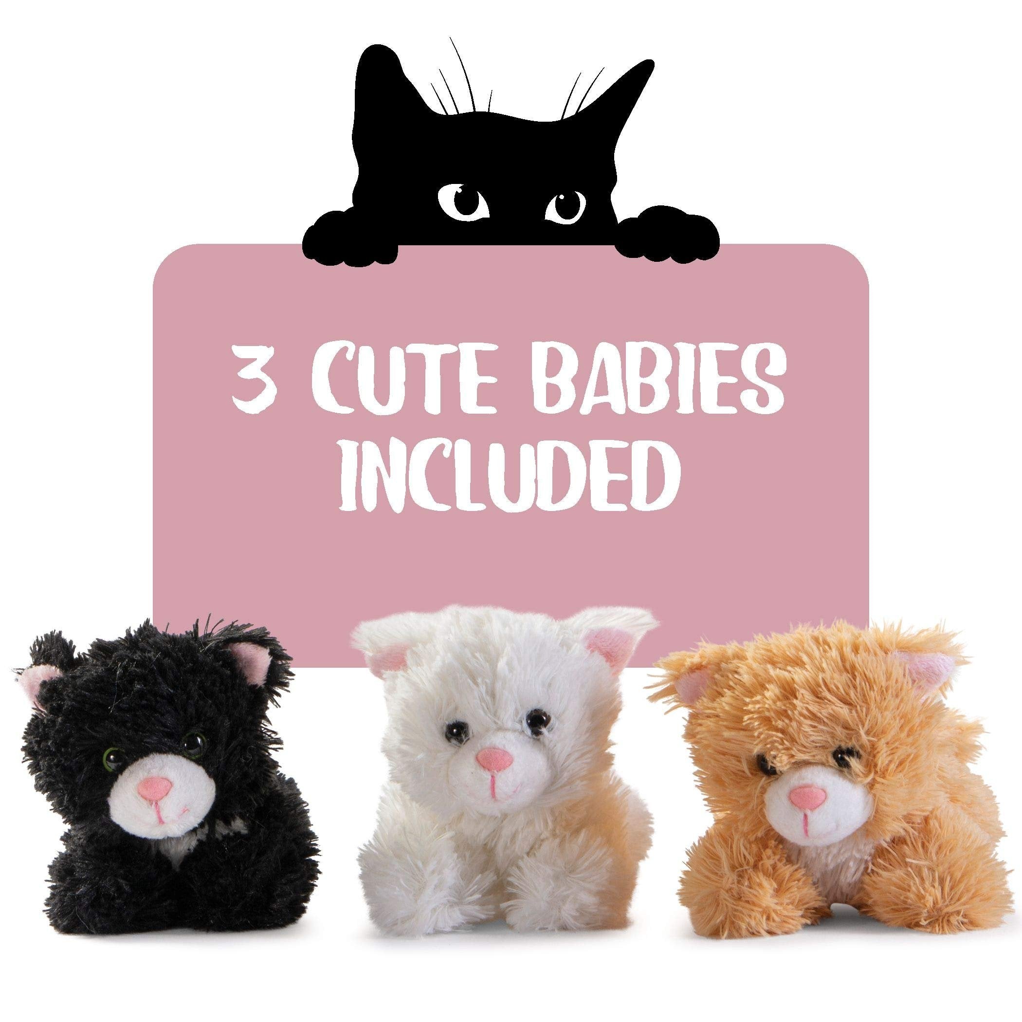 PREXTEX Plush Cat Toys Stuffed Animal w/ 3 Cats Baby Stuffed Animals - Big Cat Zippers 3 Little Plush Baby Kittens - Cat Plush Toys for Kids 3-5 - Cat Stuffed Animals & Kitten Toy -Gift for Cat Lovers