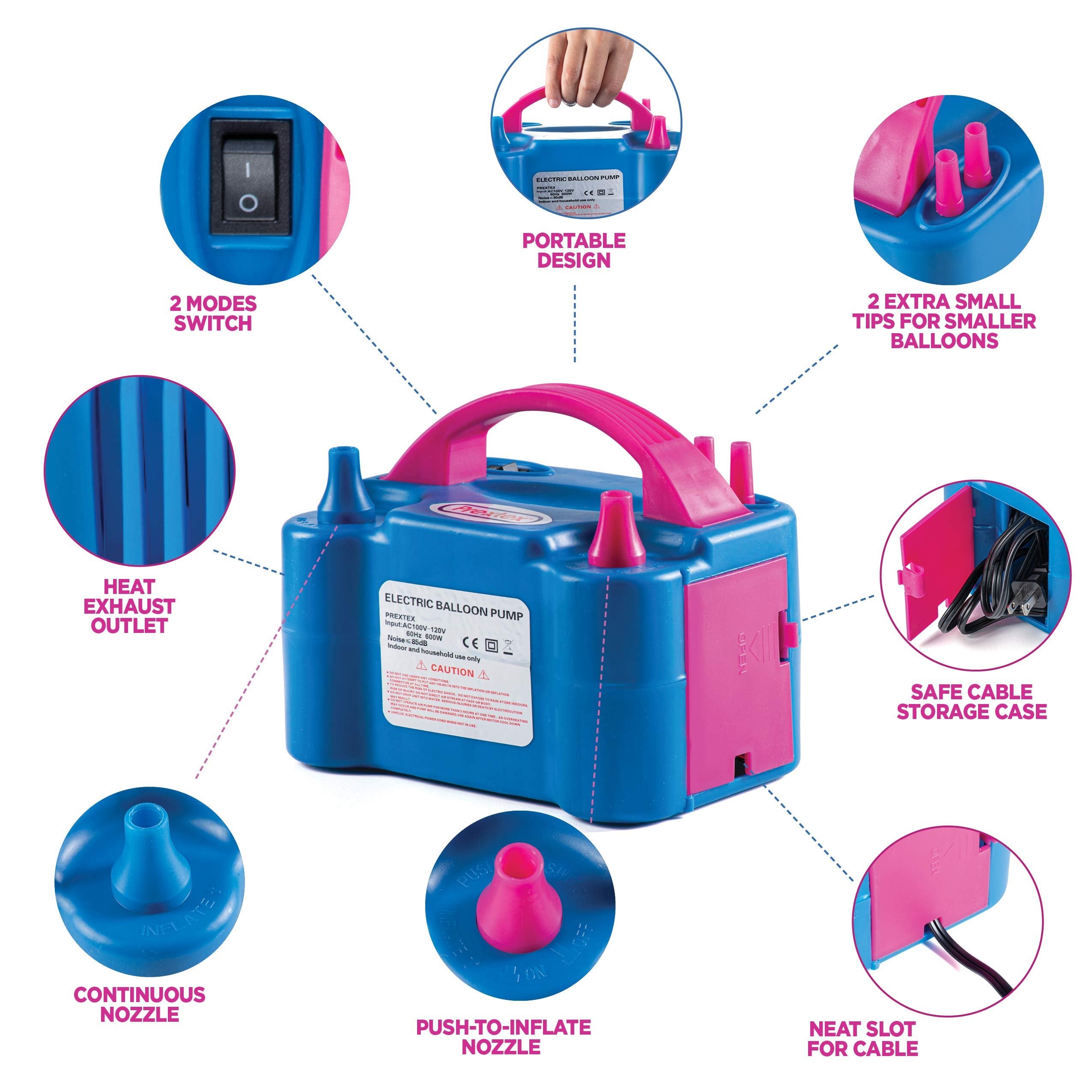 Balloon Pump with 85-Piece Balloon Decoration Set - 110V Electric Air Blower Portable Balloon Inflator for with 75 Balloons, White Ribbon, Tying Tools, Tape Strips and Dot Glue for Party Decoration