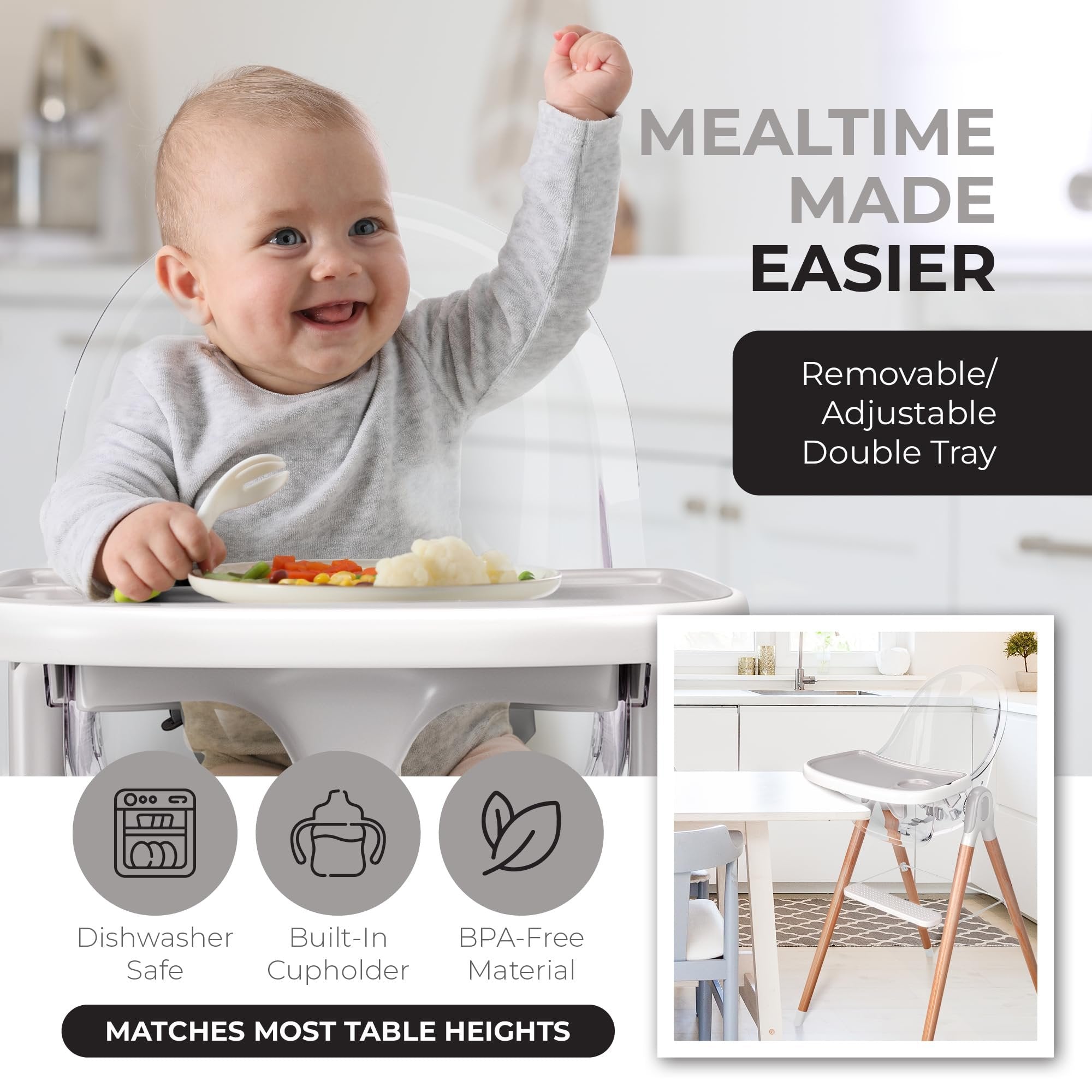 Children of Design 6 in 1 Deluxe Wooden High Chair for Babies & Toddlers, Modern Safe & Compact Baby Highchair, Easy to Clean, Removable Tray, Easy to Assemble, 6 Options 3 Seat Positions 2 Heights