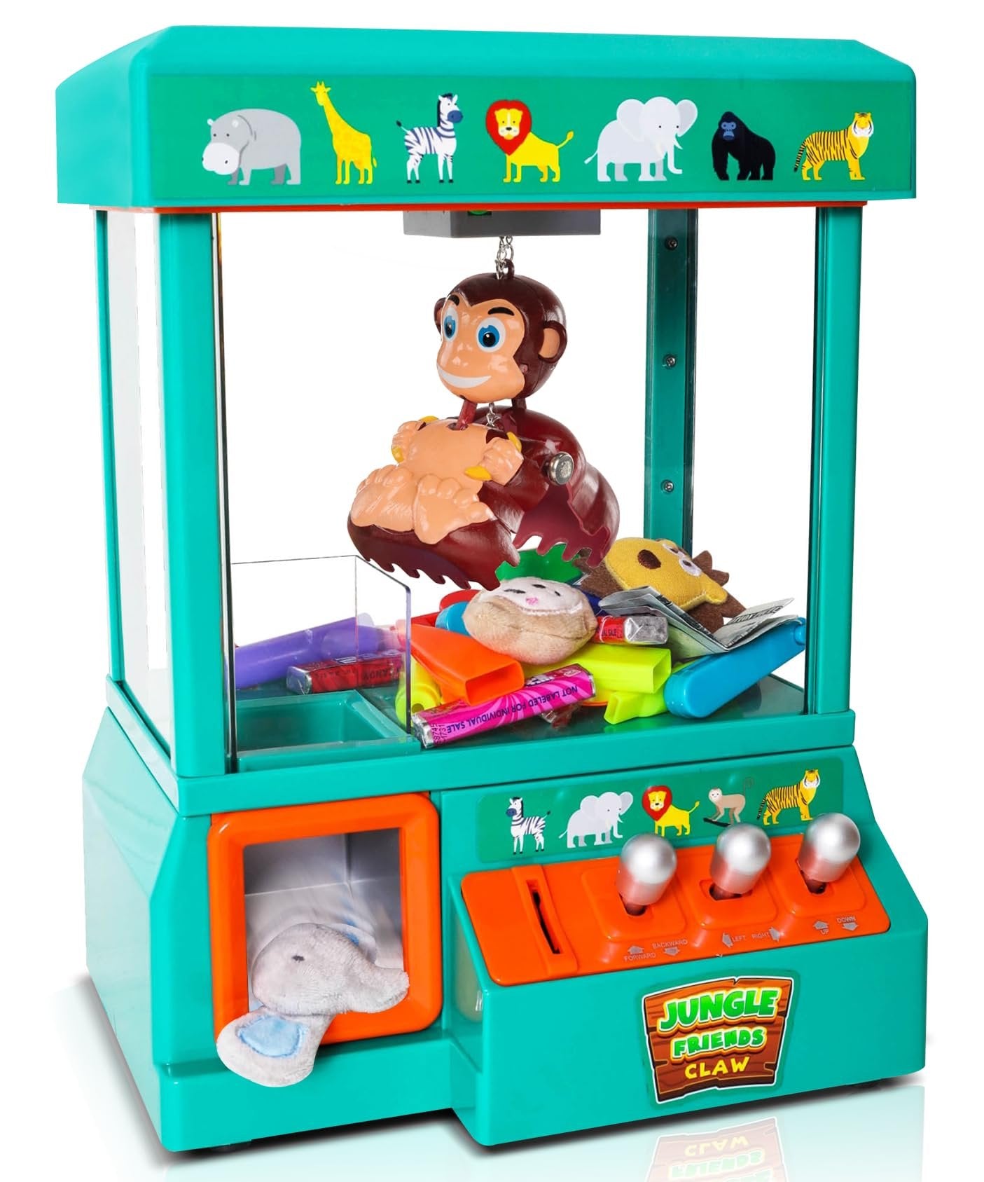 Bundaloo Claw Machine for Kids - Jungle Themed Miniature Candy Grabber with 3 Mini Plush Toys, 30 Reusable Tokens - Electronic Prize Dispenser Toy Party Game for Children