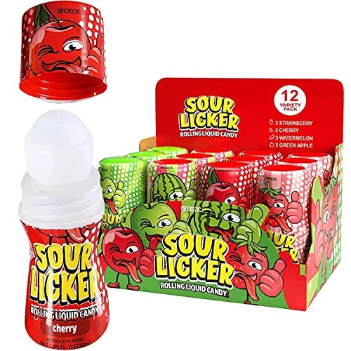 Slime Sour Lickers Candy, Gluten Free, 12 Pk Of 4 Flavors, Watermelon, Green Apple, Cherry and Strawberry Rolling Liquid Candy Bulk, Treat for Parties, Birthdays, or Halloween Treat (12)
