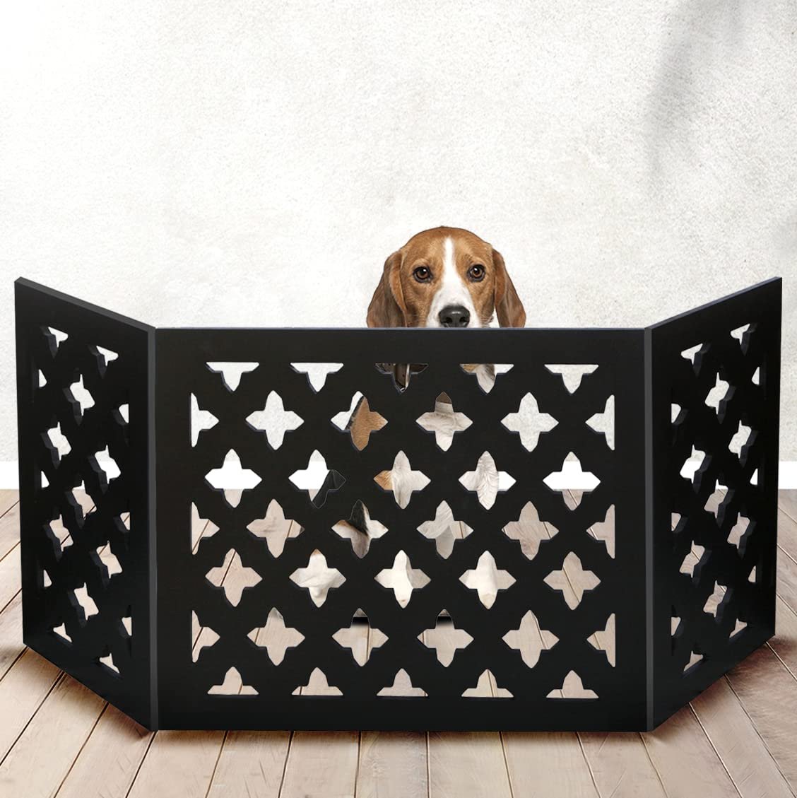 Bundaloo Freestanding Dog Gate Expandable Decorative Wooden Fence for Small to Medium Pet Dogs, Barrier for Stairs, Doorways, & Hallways (Geometric)