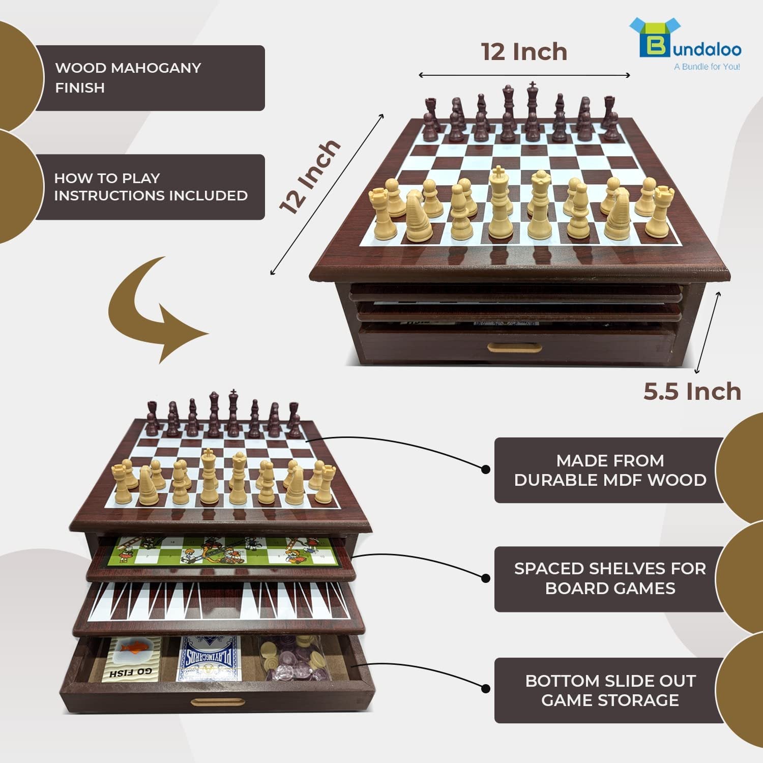 Bundaloo 15-in-1 Tabletop Game Center - Portable Wooden Combo Game Board - Unique Set with Dice, Dominos, Playing Cards & Game Pieces - for Kids & Adults - Wood Finish, 12x12x5.5