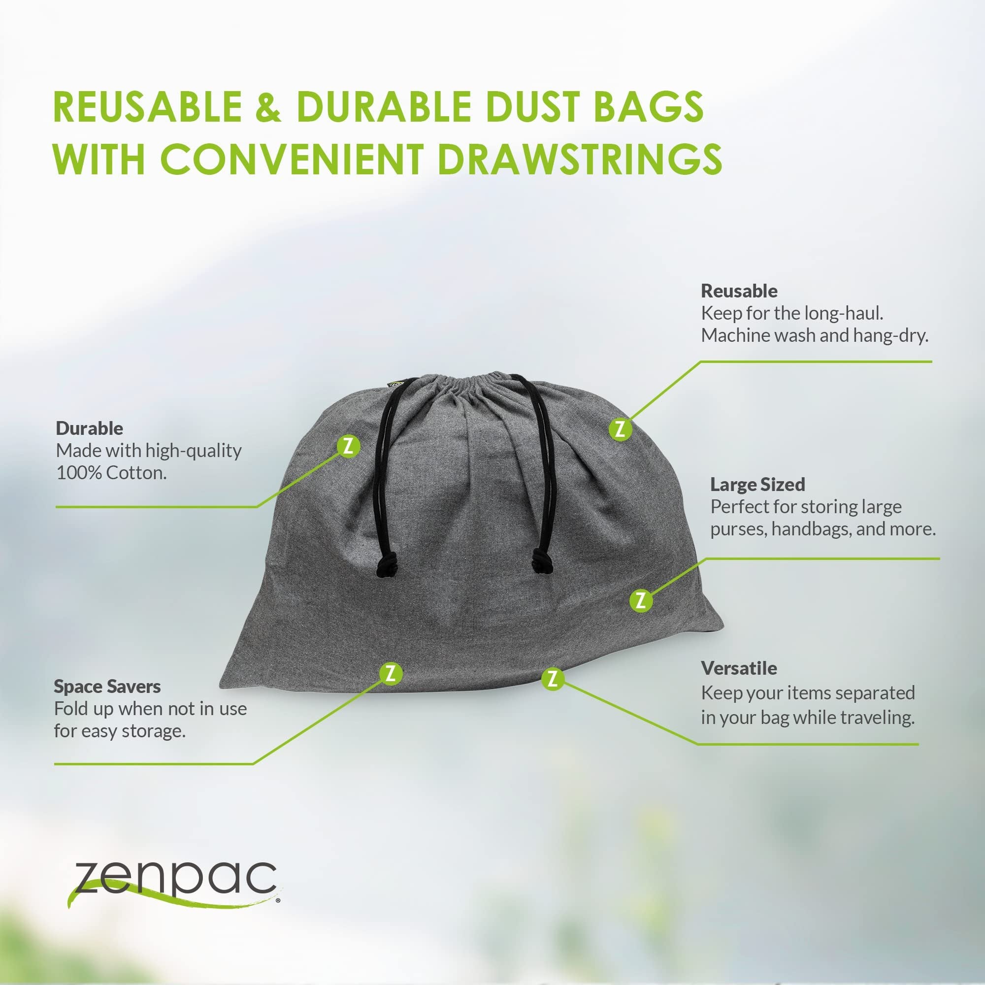 Dust Bags for Purses and Handbags - 3 Pack Purse Dust Bags for Storage, Grey Cotton Drawstring Bags for Luggage, Suitcase, Closet, Designer Purse, Handbag, Shoe, Organization Essentials - 25.6x19.7