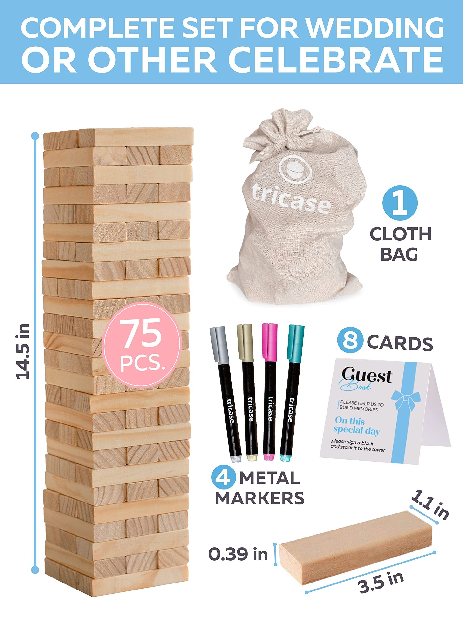 tricase Wedding Guest Book Alternative - 75 pcs Wooden Block Guest Book for Wedding Sign In - Wedding Decorations For Reception - Unique Wedding Book with 4 Color Signing Pens & Storage Bag